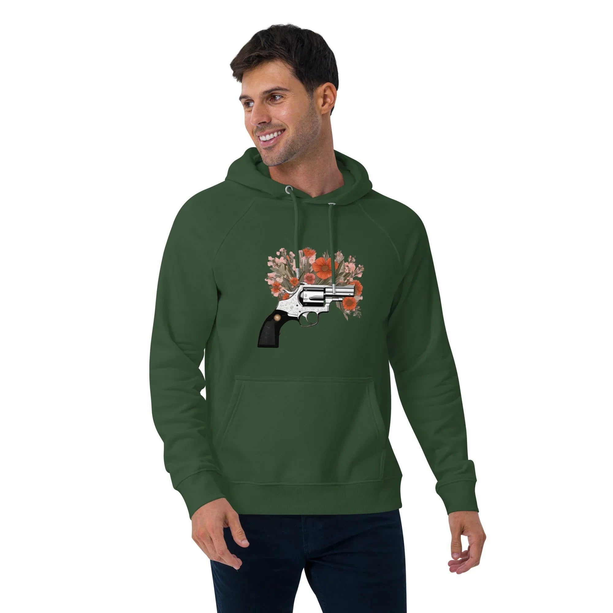 Unisex | Gun Flower Hoodie Hoodie AwRans Clothing unisex-eco-raglan-hoodie-bottle-green-front-2-65db7562a4621