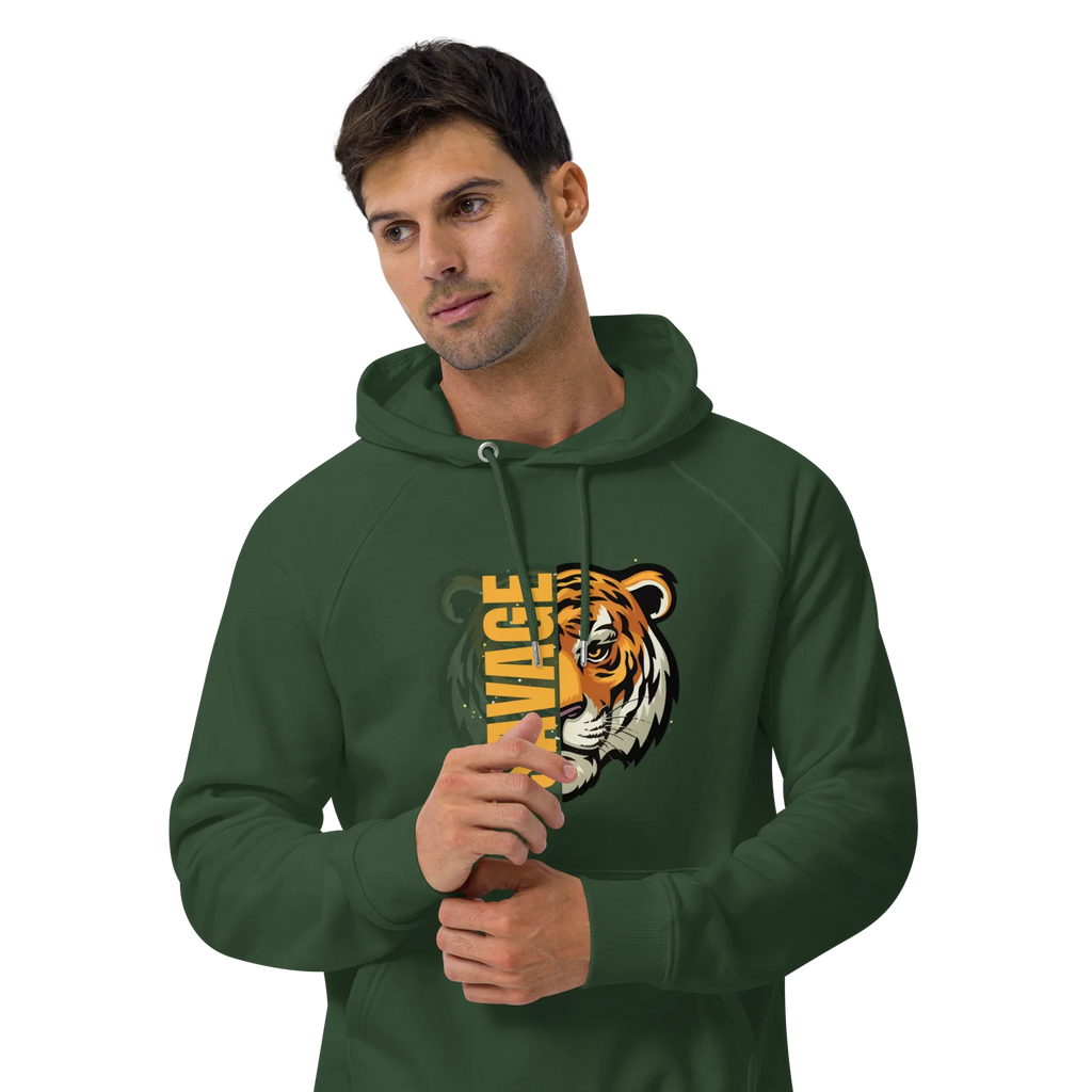 Unisex | Savage Tiger Raglan Hoodie Hoodie AwRans Clothing unisex-eco-raglan-hoodie-bottle-green-front-3-65db125032d6d