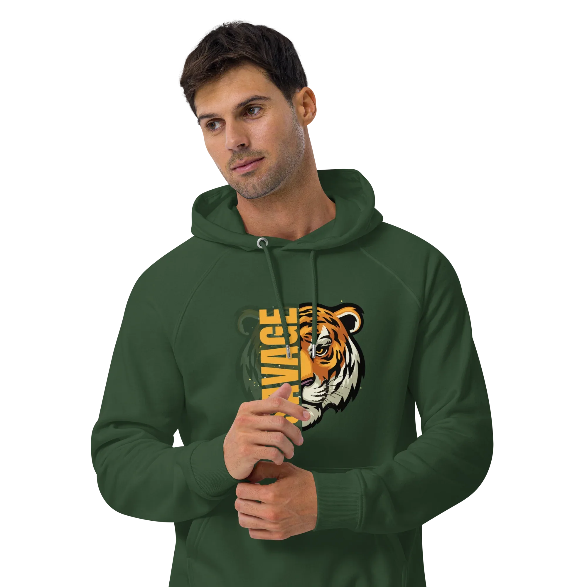 Unisex | Savage Tiger Raglan Hoodie Hoodie AwRans Clothing unisex-eco-raglan-hoodie-bottle-green-front-3-65db125032d6d