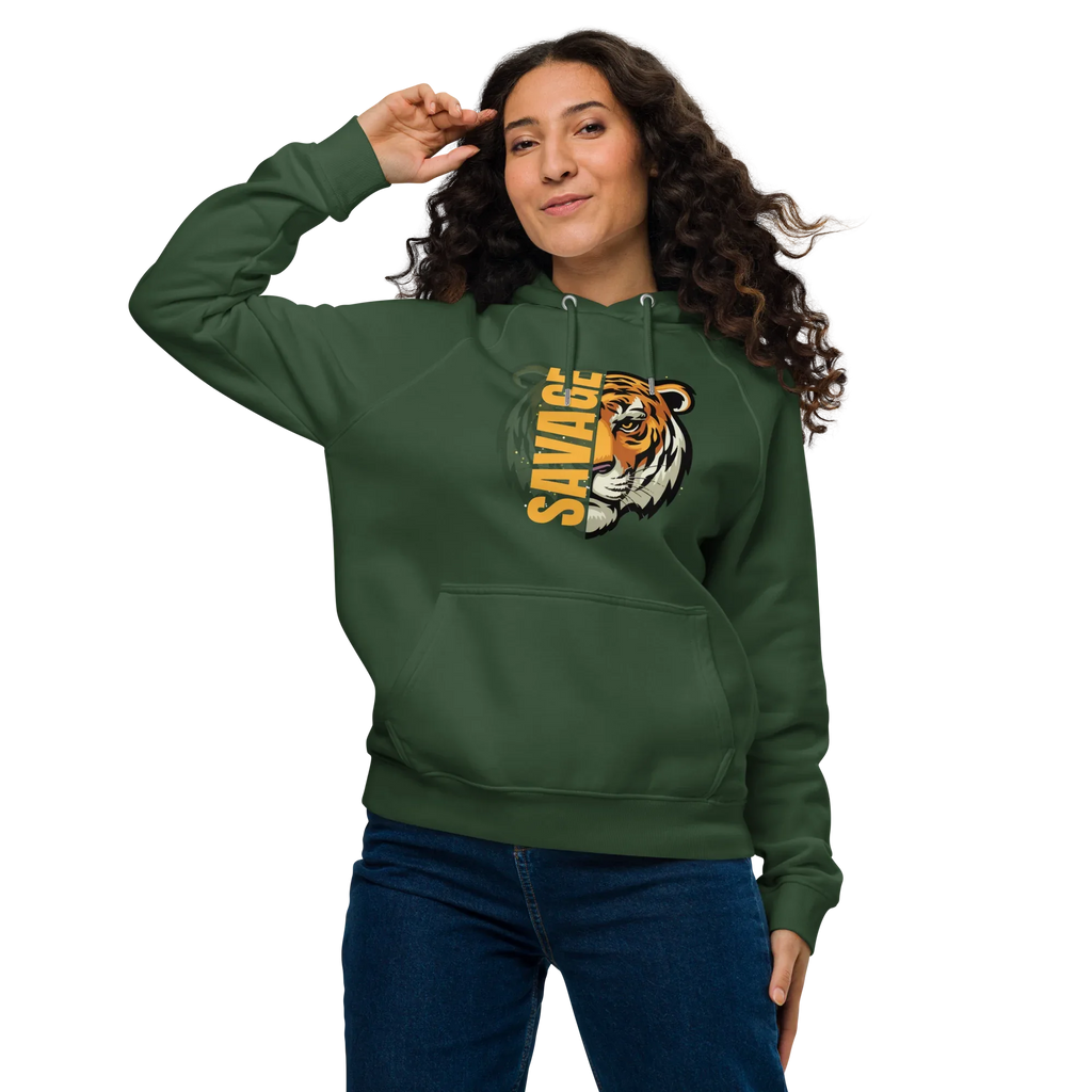 Unisex | Savage Tiger Raglan Hoodie Hoodie AwRans Clothing unisex-eco-raglan-hoodie-bottle-green-front-65db125032581