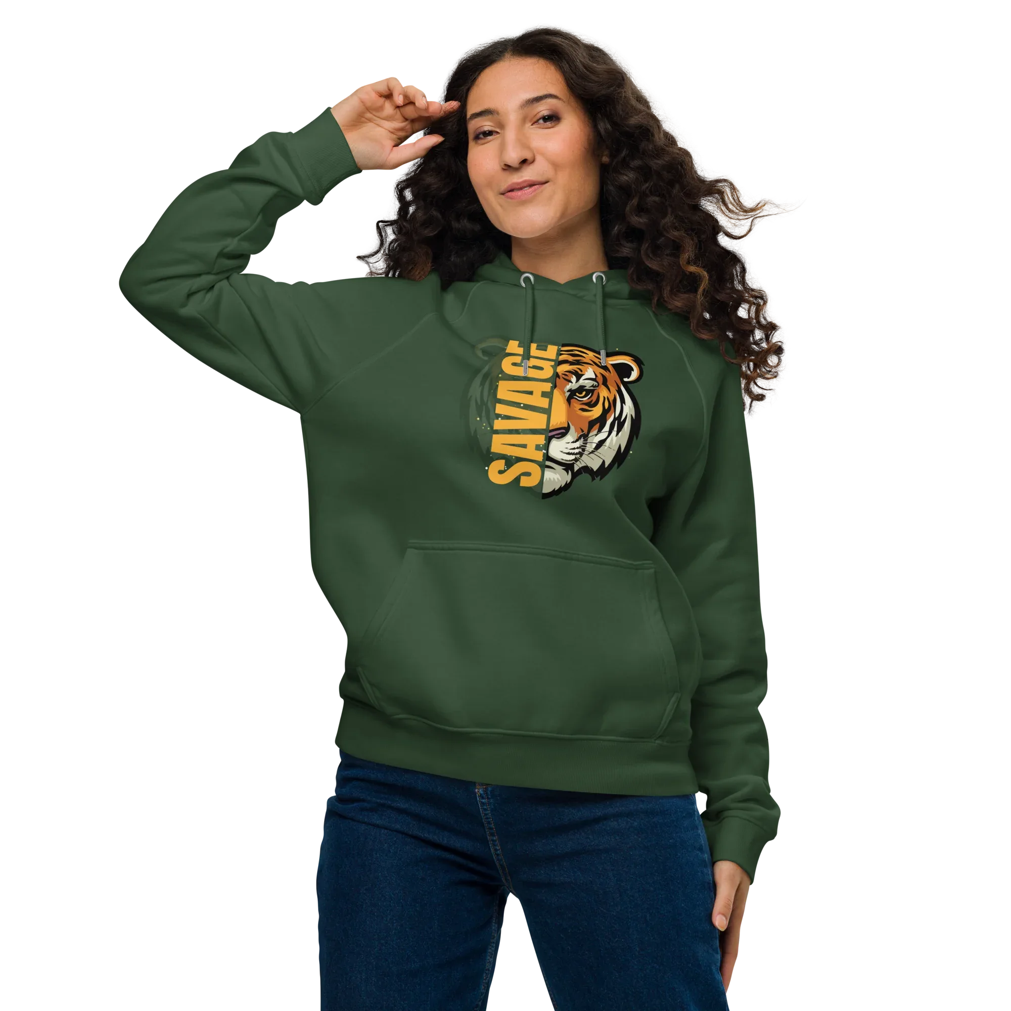 Unisex | Savage Tiger Raglan Hoodie Hoodie AwRans Clothing unisex-eco-raglan-hoodie-bottle-green-front-65db125032581