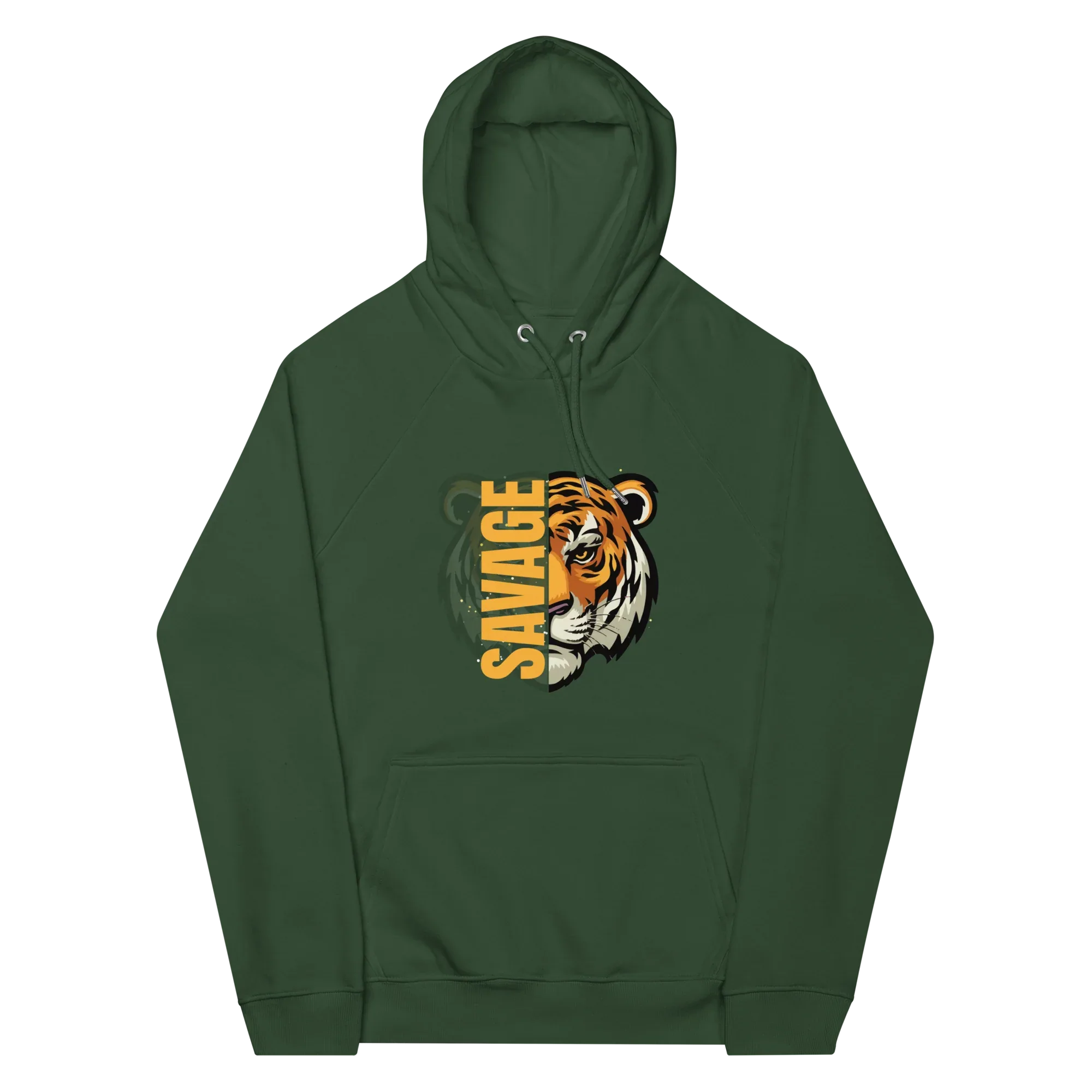 Unisex | Savage Tiger Raglan Hoodie Bottle green Hoodie AwRans Clothing unisex-eco-raglan-hoodie-bottle-green-front-65db125036361