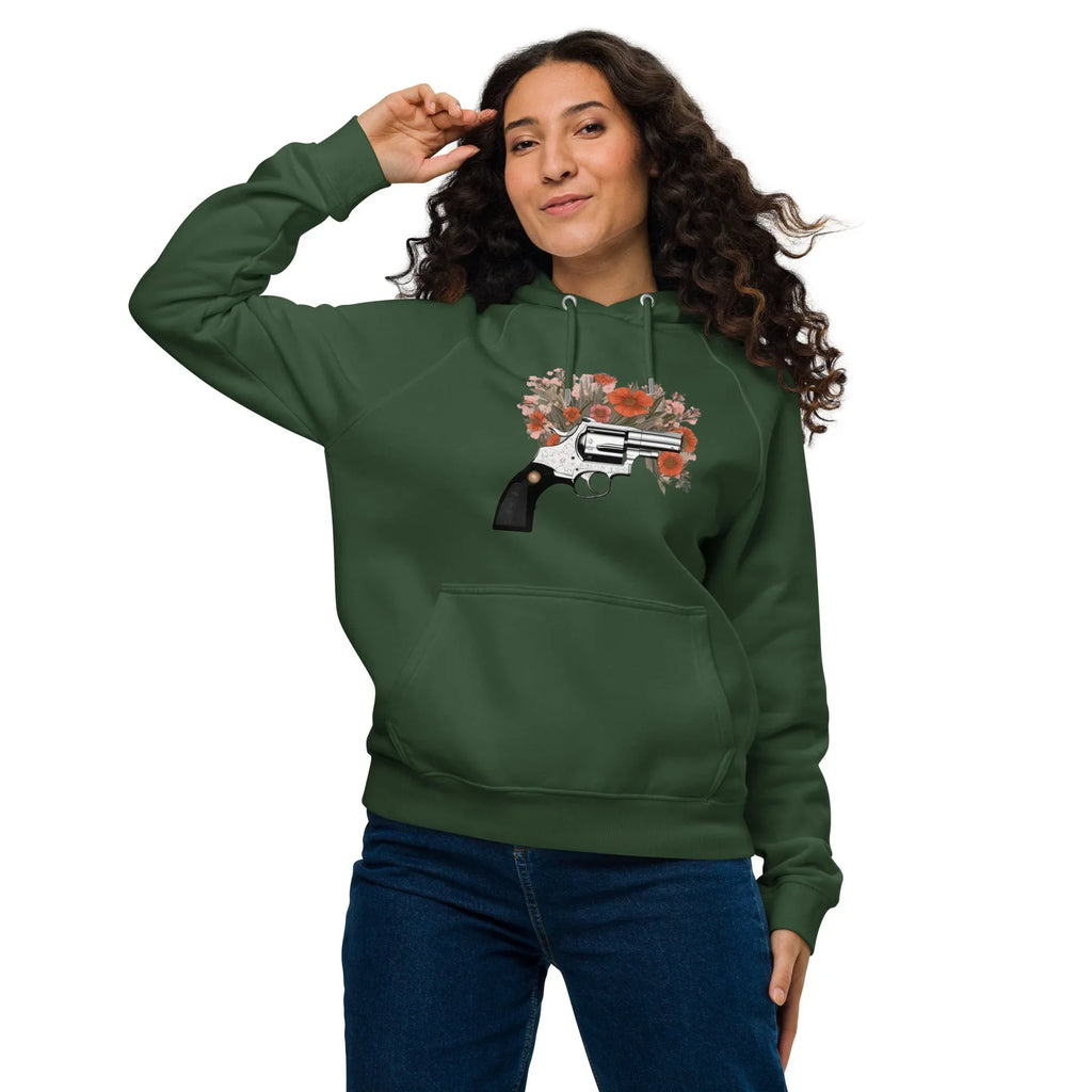 Unisex | Gun Flower Hoodie Hoodie AwRans Clothing unisex-eco-raglan-hoodie-bottle-green-front-65db756294ecd