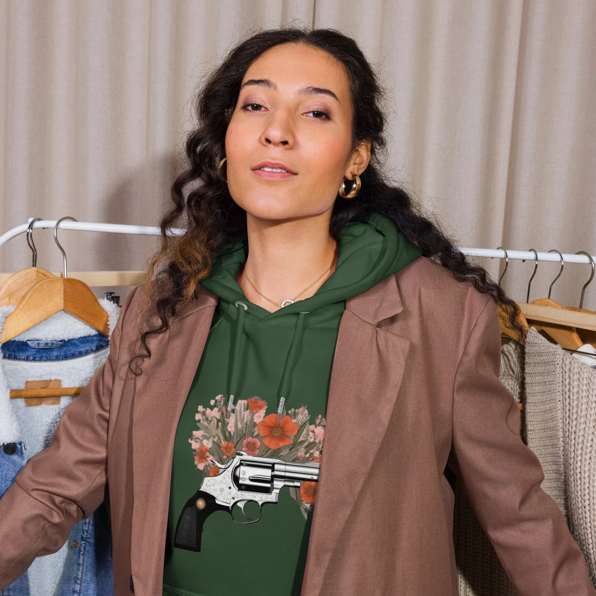Unisex | Gun Flower Hoodie Hoodie AwRans Clothing unisex-eco-raglan-hoodie-bottle-green-front-65db756295418