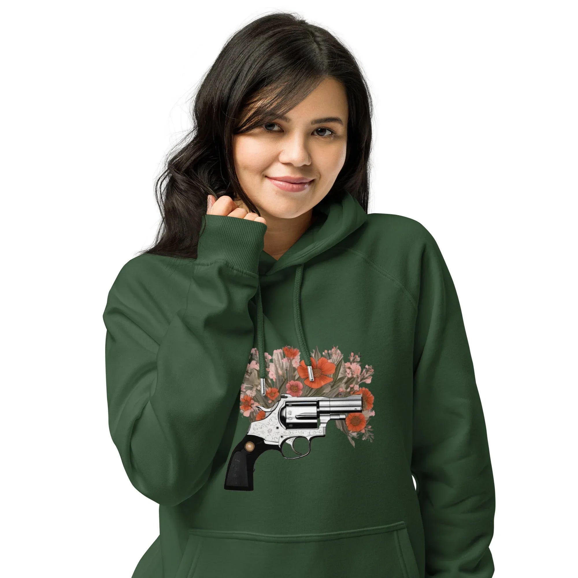 Unisex | Gun Flower Hoodie Hoodie AwRans Clothing unisex-eco-raglan-hoodie-bottle-green-front-65db75629b87a