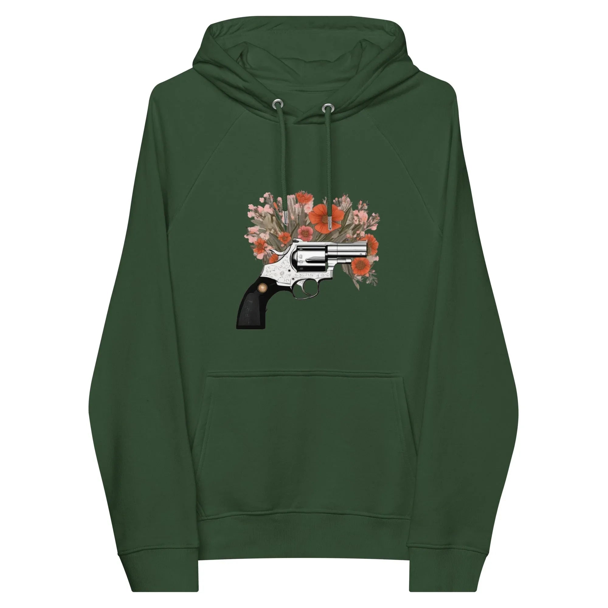 Unisex | Gun Flower Hoodie Hoodie AwRans Clothing unisex-eco-raglan-hoodie-bottle-green-front-65db75629db2e