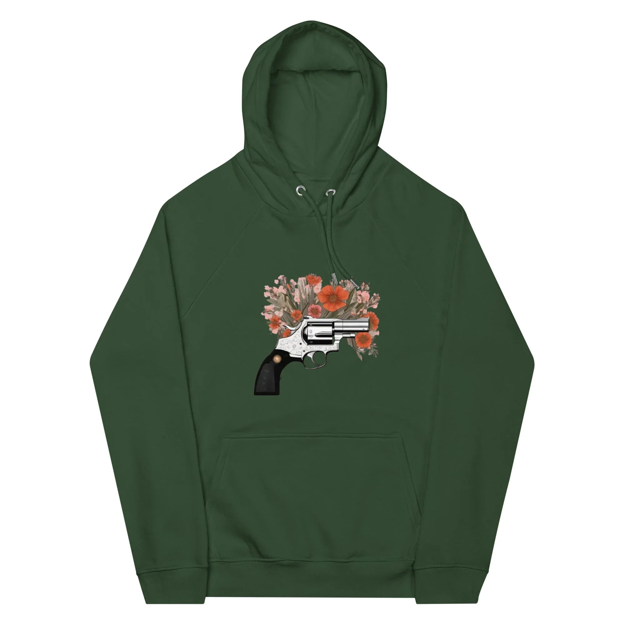 Unisex | Gun Flower Hoodie Hoodie AwRans Clothing unisex-eco-raglan-hoodie-bottle-green-front-65db7562a0258