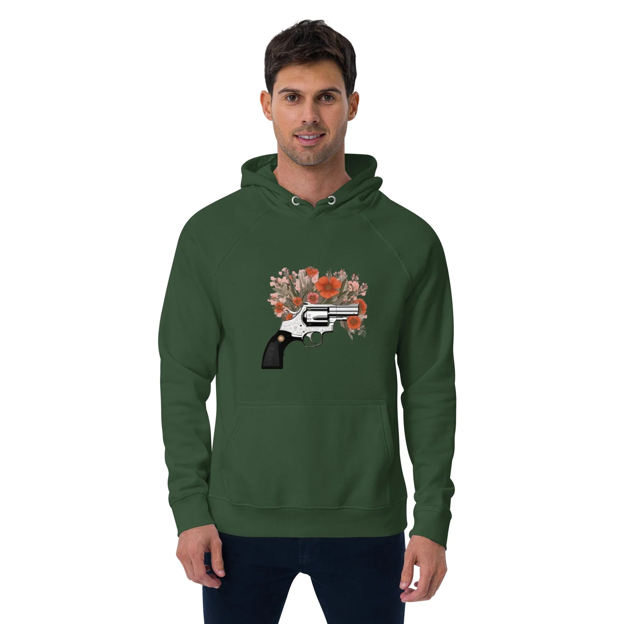 Unisex | Gun Flower Hoodie Bottle green Hoodie AwRans Clothing unisex-eco-raglan-hoodie-bottle-green-front-65db7562a3dcd