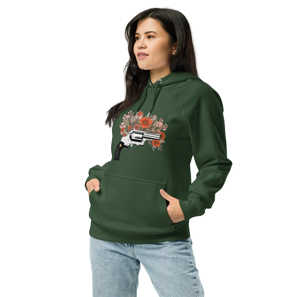 Unisex | Gun Flower Hoodie Hoodie AwRans Clothing unisex-eco-raglan-hoodie-bottle-green-left-front-65db75629c0af