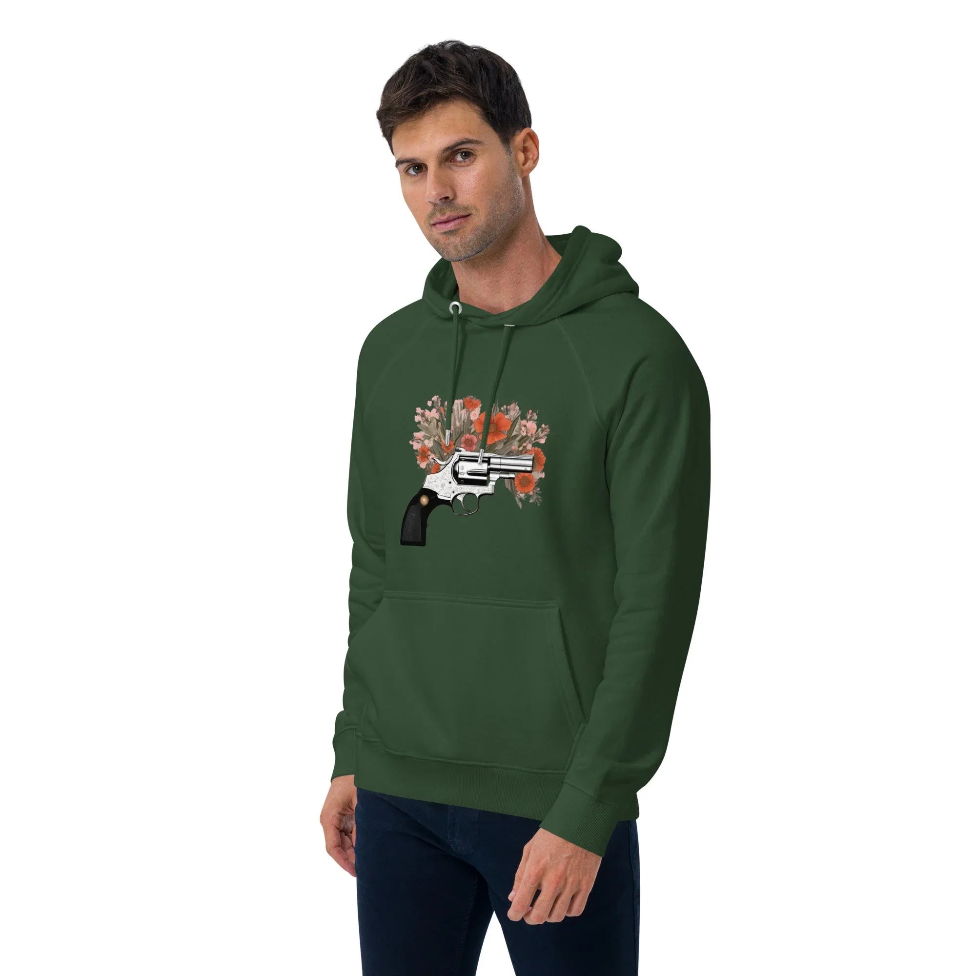 Unisex | Gun Flower Hoodie Hoodie AwRans Clothing unisex-eco-raglan-hoodie-bottle-green-left-front-65db7562a4df1