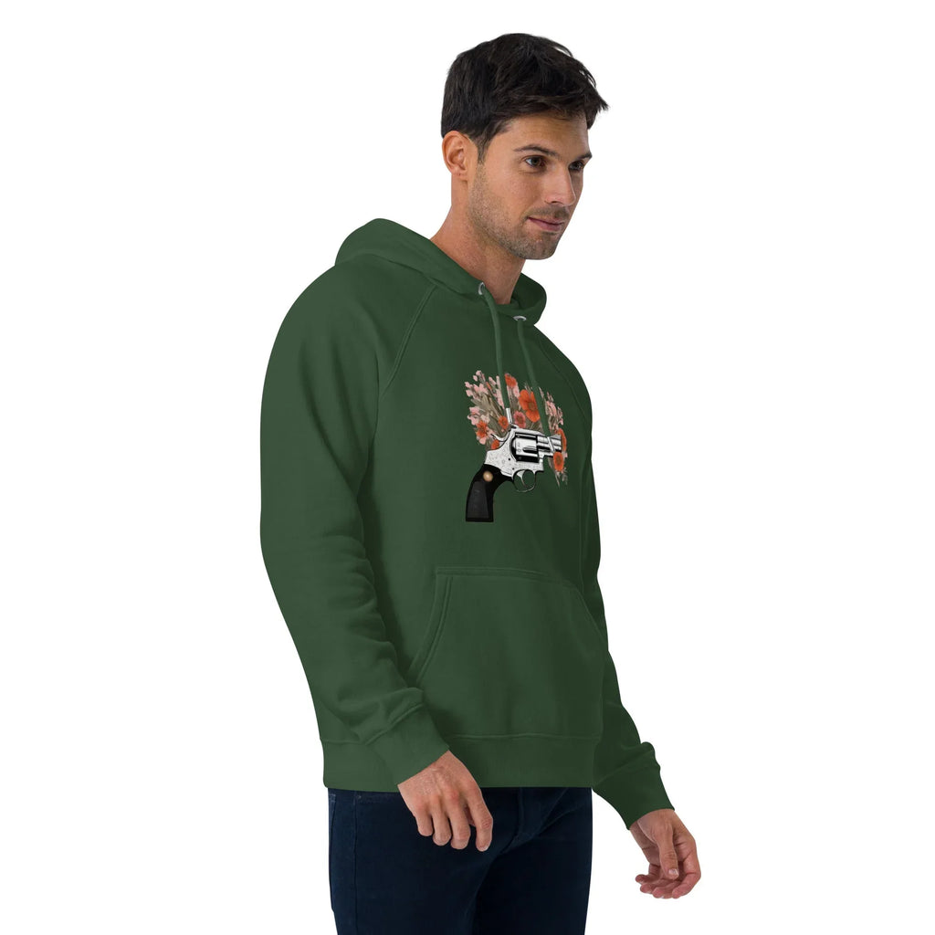 Unisex | Gun Flower Hoodie Hoodie AwRans Clothing unisex-eco-raglan-hoodie-bottle-green-right-front-65db7562a55cb