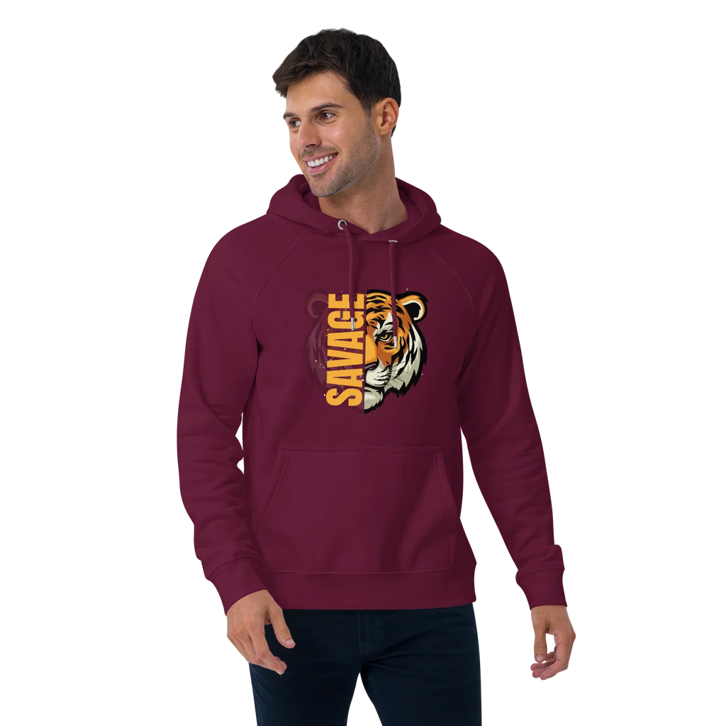 Unisex | Savage Tiger Raglan Hoodie Hoodie AwRans Clothing unisex-eco-raglan-hoodie-burgundy-front-2-65db1250310b8