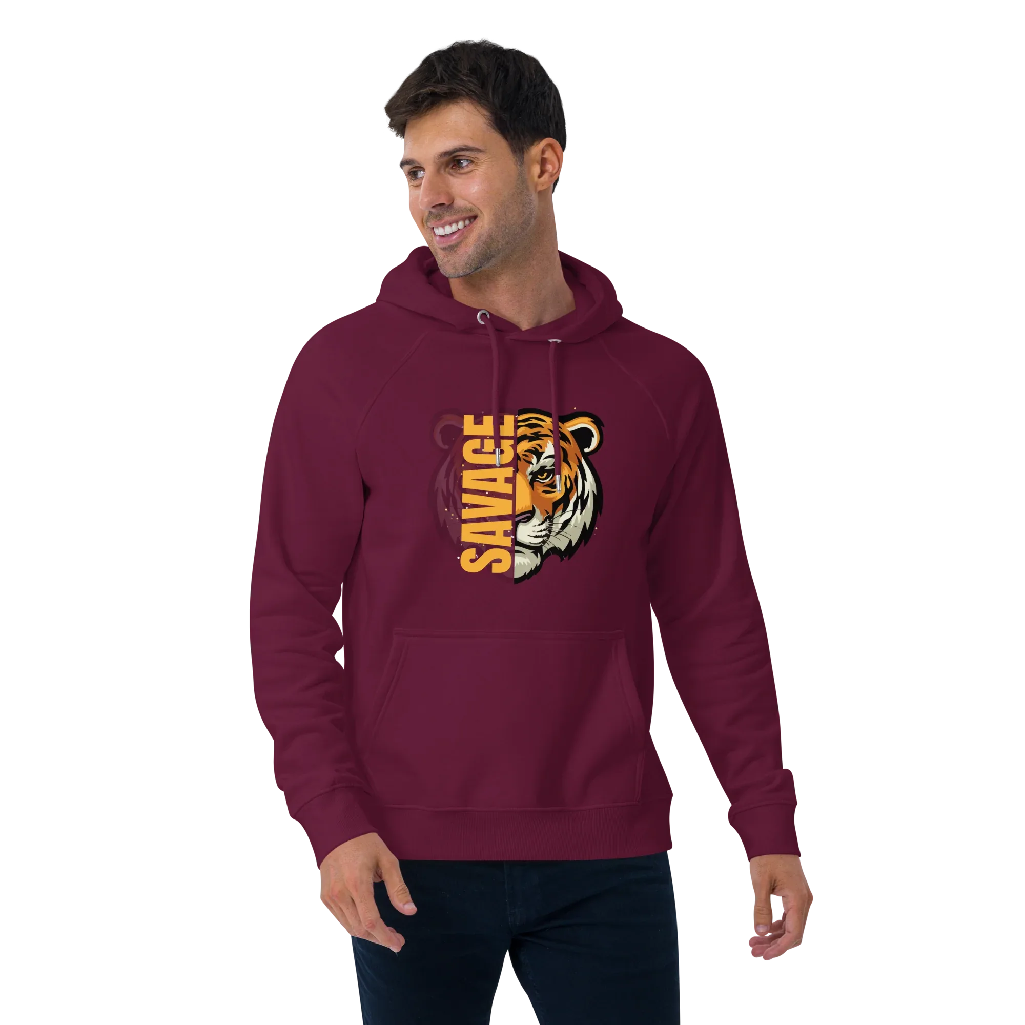 Unisex | Savage Tiger Raglan Hoodie Hoodie AwRans Clothing unisex-eco-raglan-hoodie-burgundy-front-2-65db1250310b8