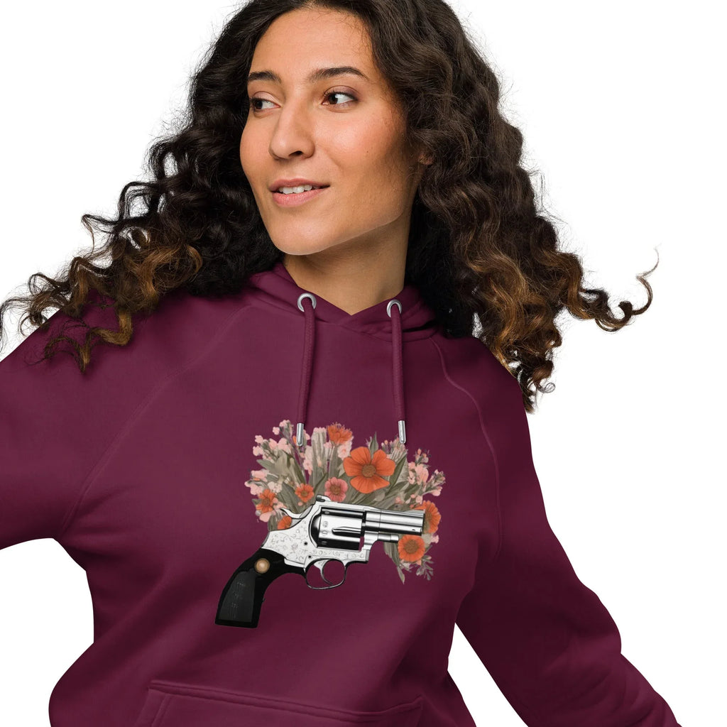 Unisex | Gun Flower Hoodie Hoodie AwRans Clothing unisex-eco-raglan-hoodie-burgundy-front-2-65db75629280c