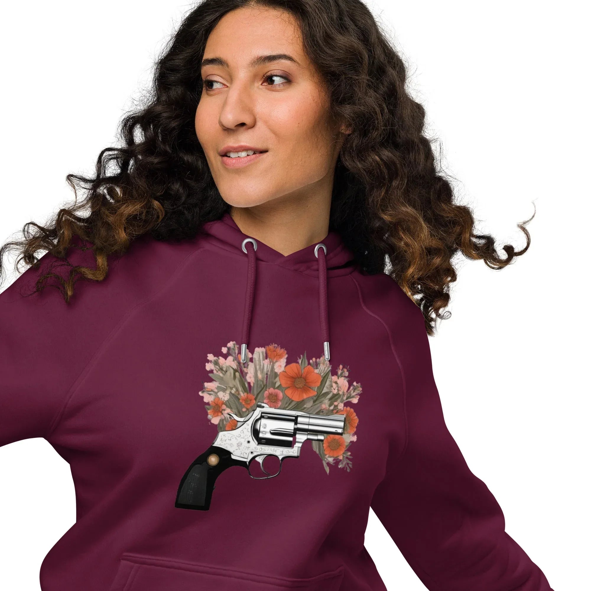 Unisex | Gun Flower Hoodie Hoodie AwRans Clothing unisex-eco-raglan-hoodie-burgundy-front-2-65db75629280c