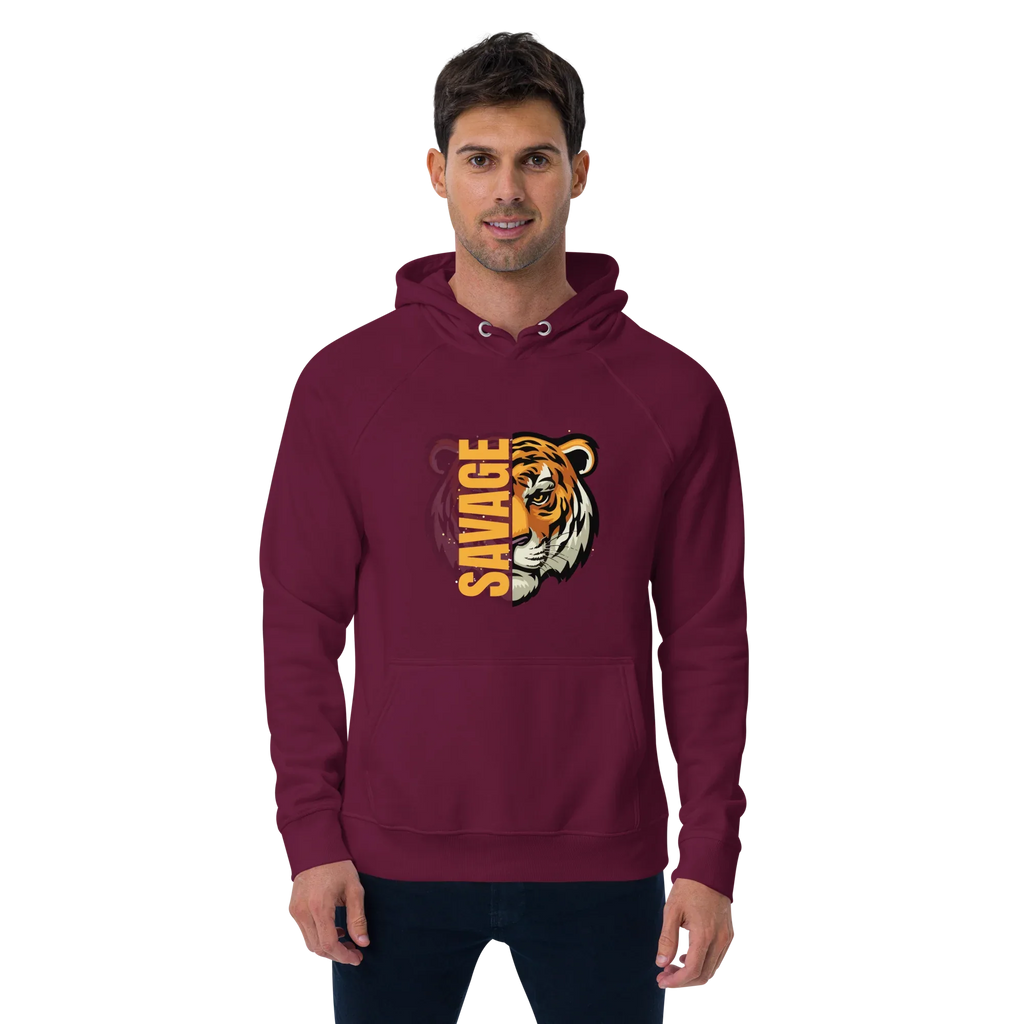 Unisex | Savage Tiger Raglan Hoodie Hoodie AwRans Clothing unisex-eco-raglan-hoodie-burgundy-front-65db125031453