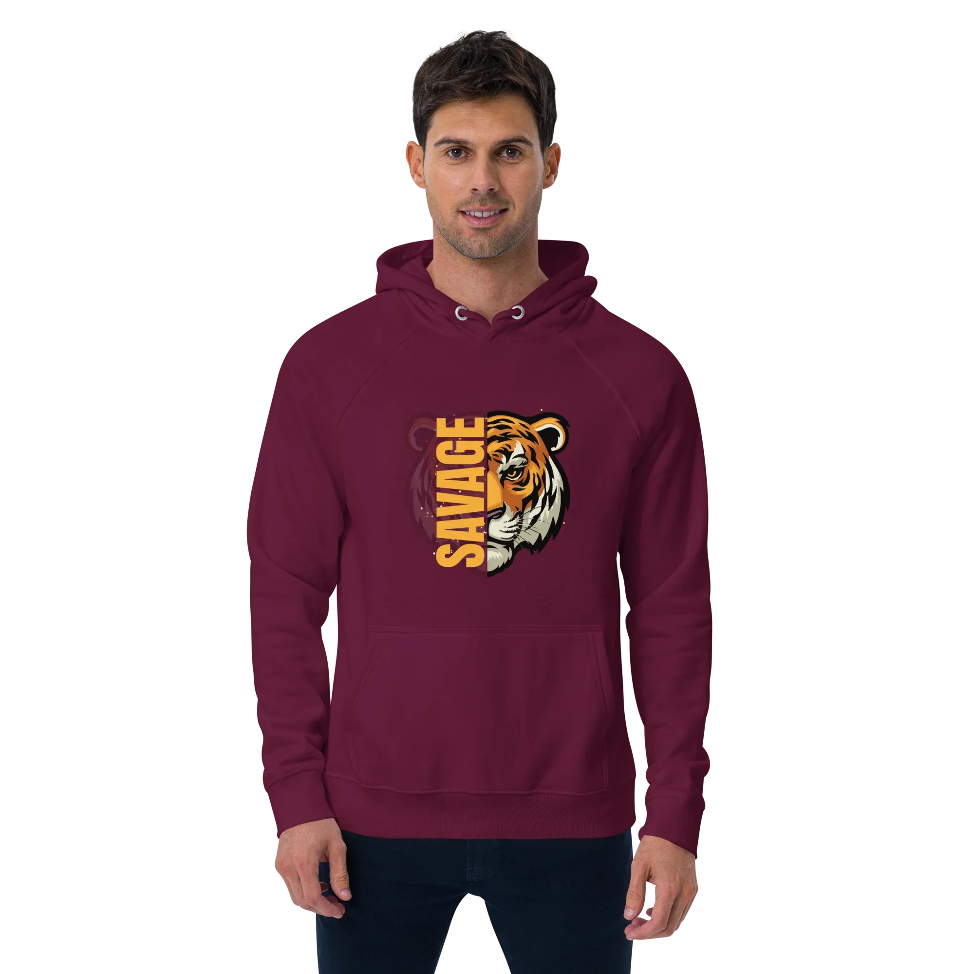 Unisex | Savage Tiger Raglan Hoodie Hoodie AwRans Clothing unisex-eco-raglan-hoodie-burgundy-front-65db125031453
