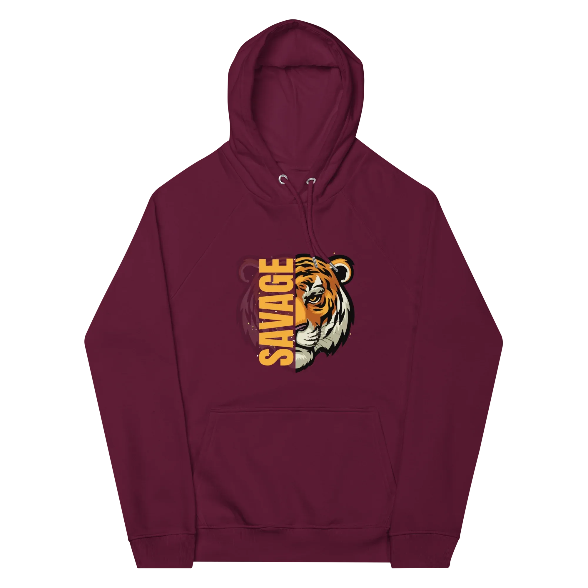 Unisex | Savage Tiger Raglan Hoodie Burgundy Hoodie AwRans Clothing unisex-eco-raglan-hoodie-burgundy-front-65db12503595b
