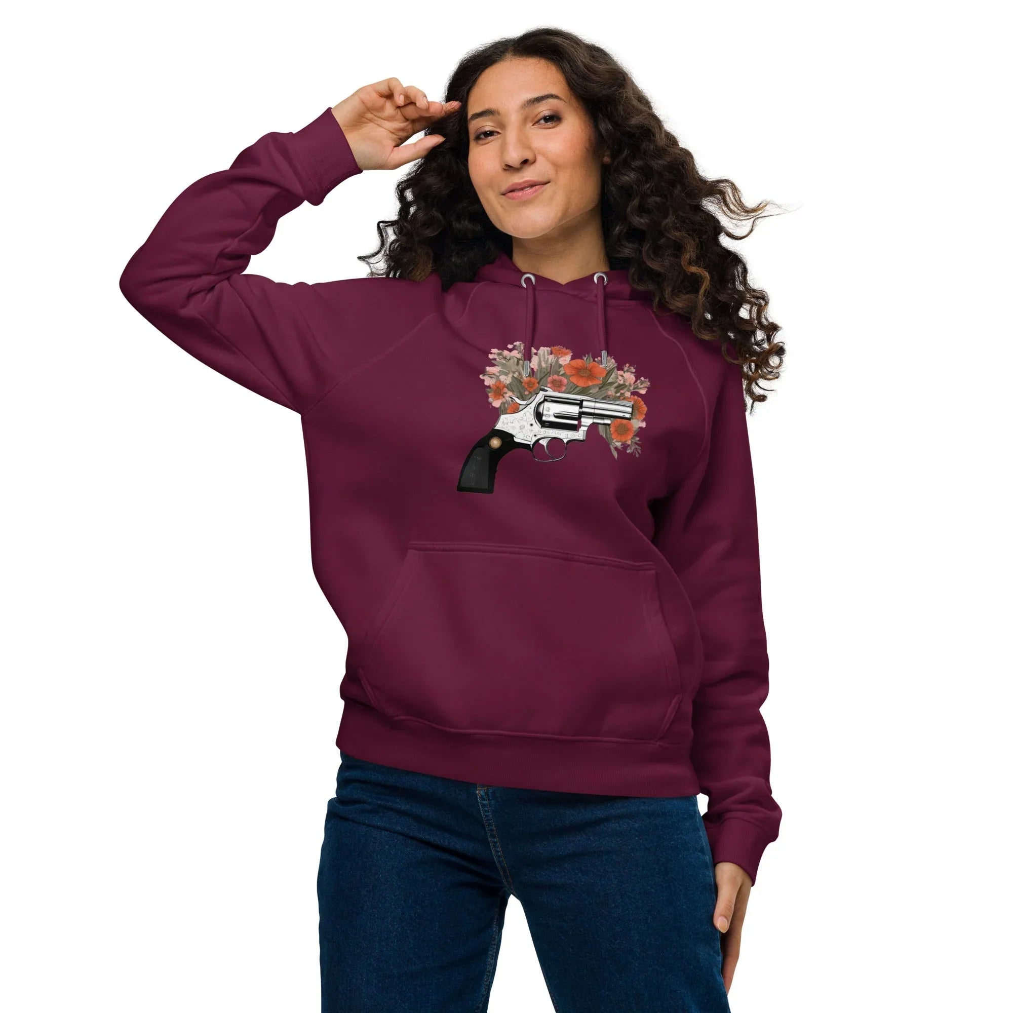 Unisex | Gun Flower Hoodie Hoodie AwRans Clothing unisex-eco-raglan-hoodie-burgundy-front-65db75629260f