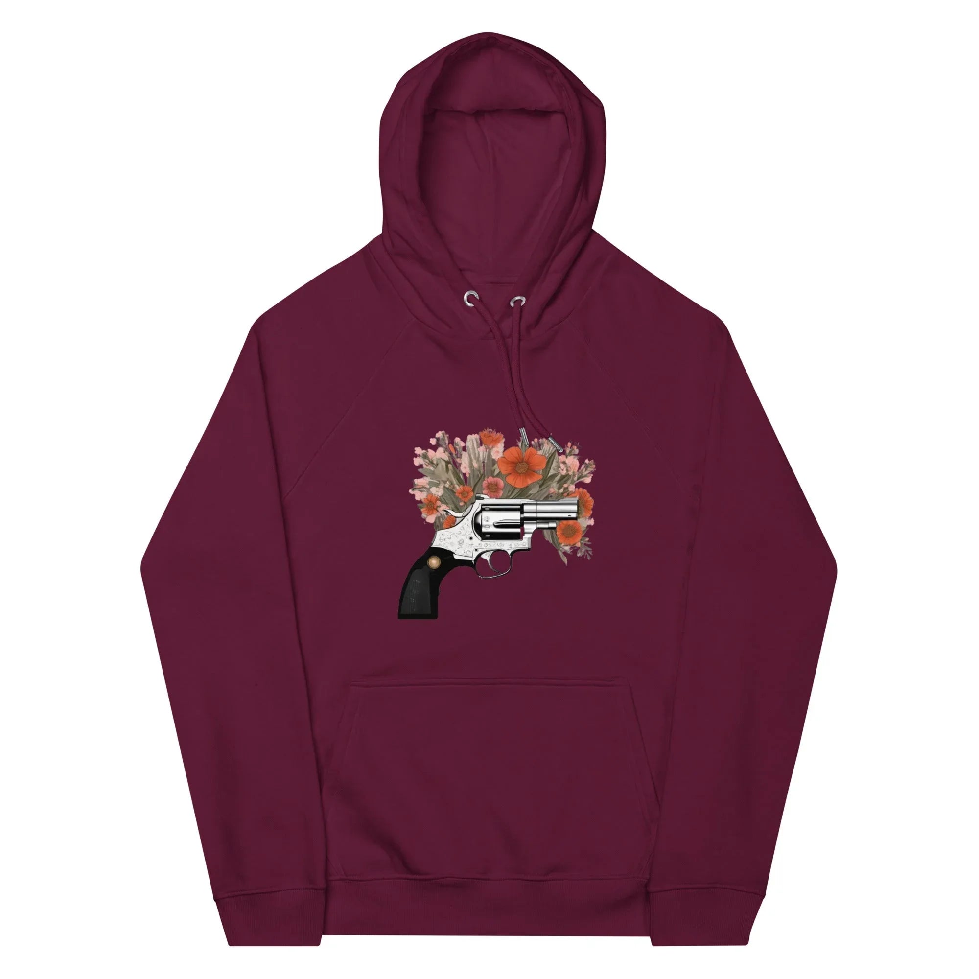 Unisex | Gun Flower Hoodie Hoodie AwRans Clothing unisex-eco-raglan-hoodie-burgundy-front-65db7562931d4