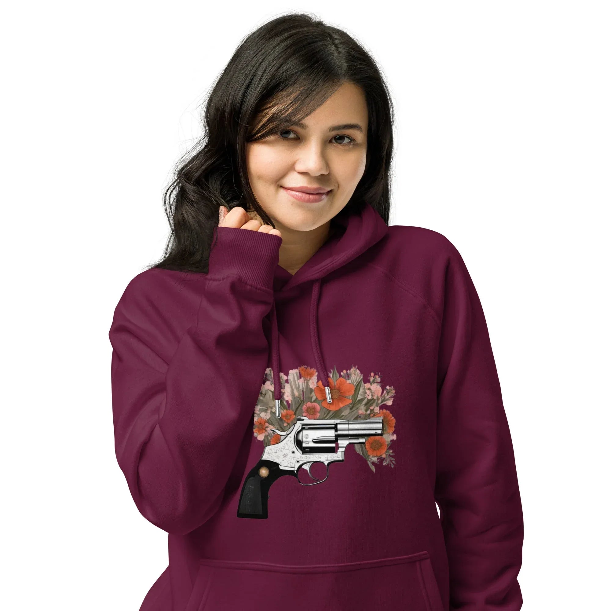 Unisex | Gun Flower Hoodie Hoodie AwRans Clothing unisex-eco-raglan-hoodie-burgundy-front-65db75629d533