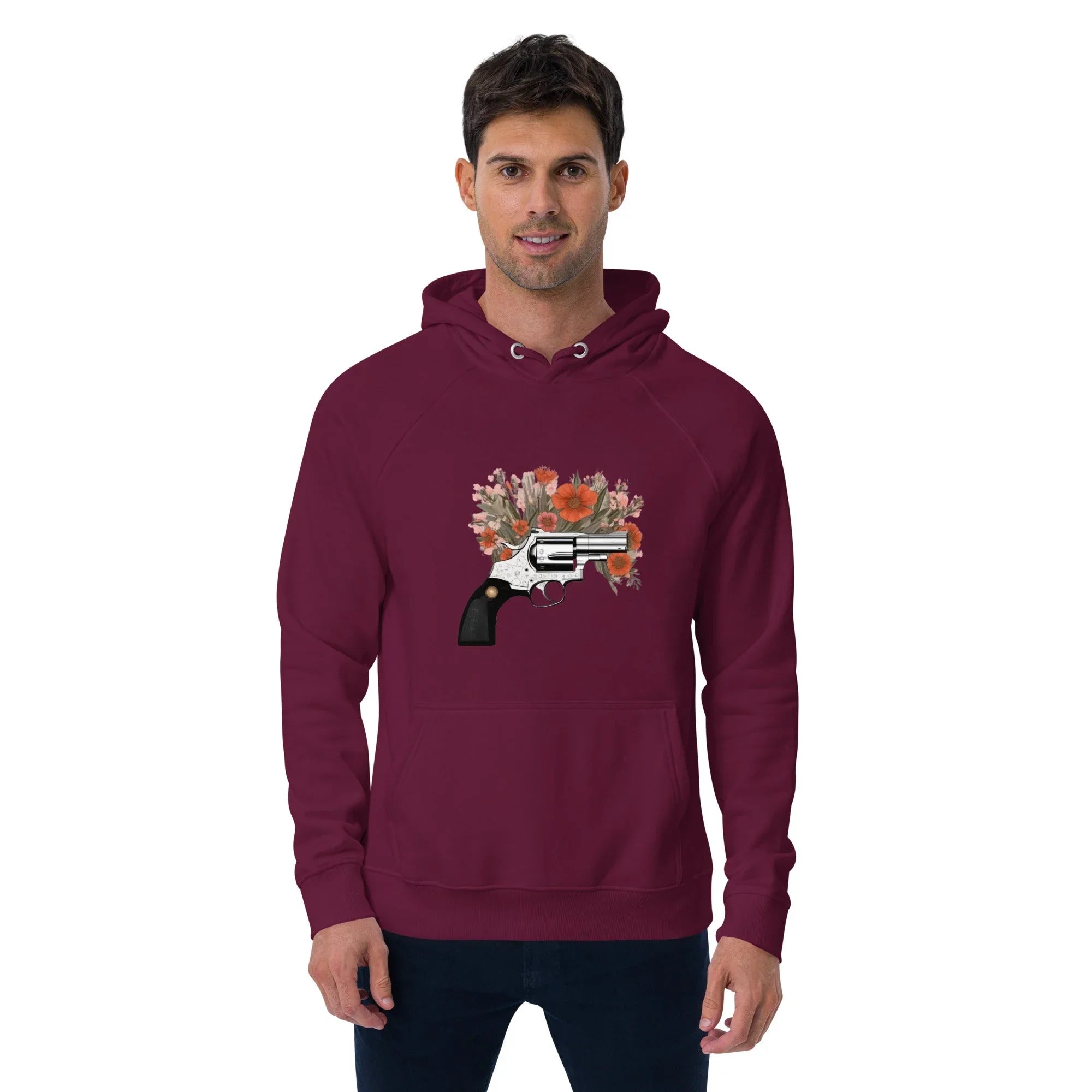Unisex | Gun Flower Hoodie Burgundy Hoodie AwRans Clothing unisex-eco-raglan-hoodie-burgundy-front-65db7562a176d