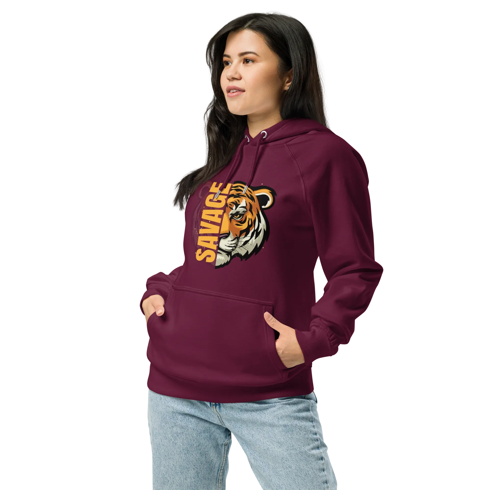 Unisex | Savage Tiger Raglan Hoodie Hoodie AwRans Clothing unisex-eco-raglan-hoodie-burgundy-left-front-65db125030c8c