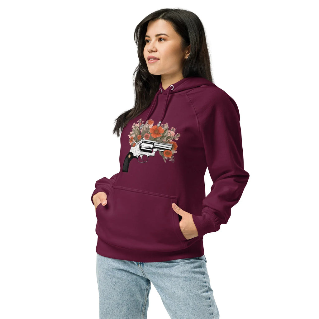 Unisex | Gun Flower Hoodie Hoodie AwRans Clothing unisex-eco-raglan-hoodie-burgundy-left-front-65db756292ae4