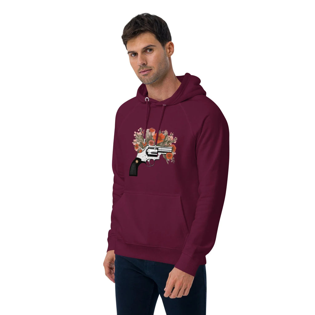 Unisex | Gun Flower Hoodie Hoodie AwRans Clothing unisex-eco-raglan-hoodie-burgundy-left-front-65db7562a1ece