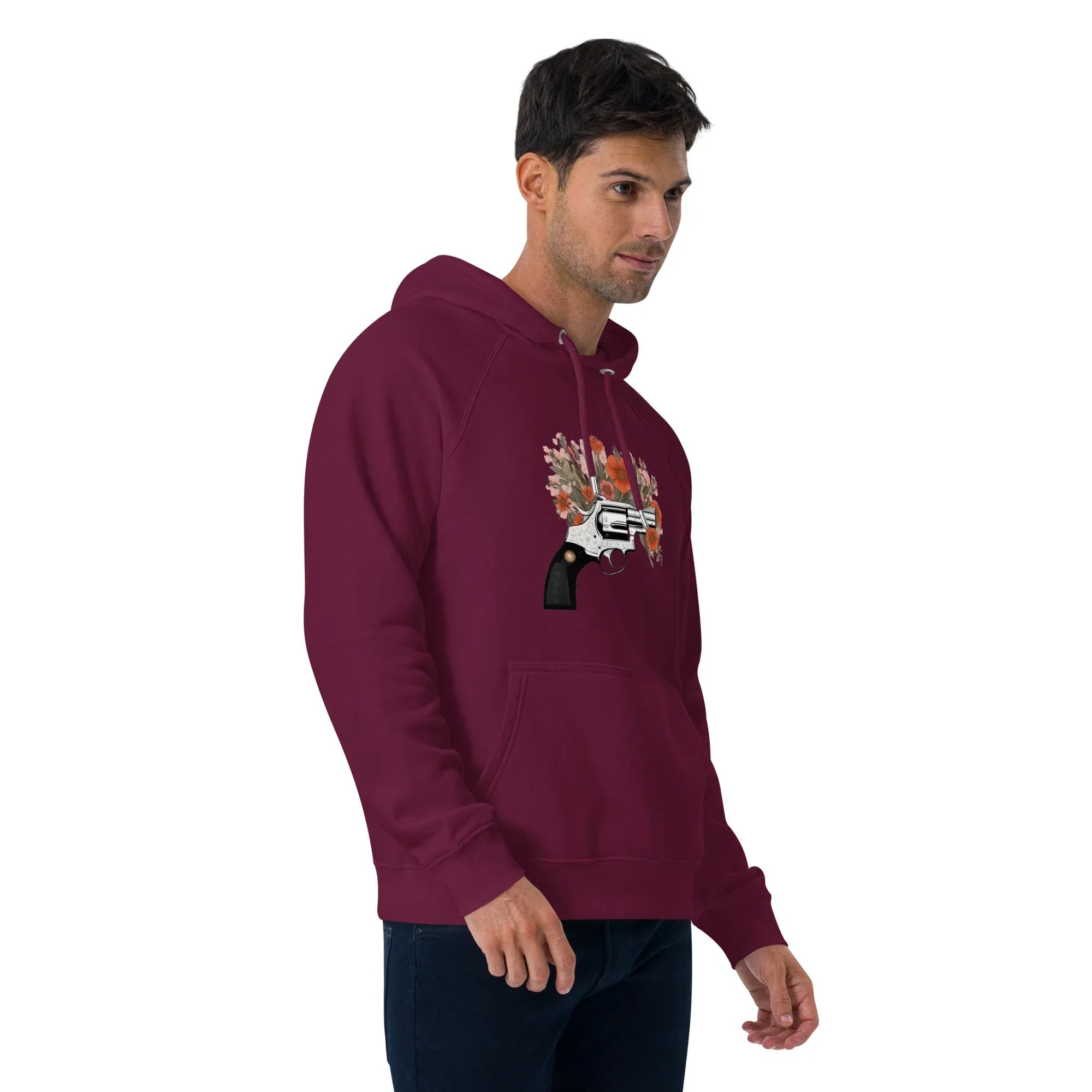 Unisex | Gun Flower Hoodie Hoodie AwRans Clothing unisex-eco-raglan-hoodie-burgundy-right-front-65db7562a22a8