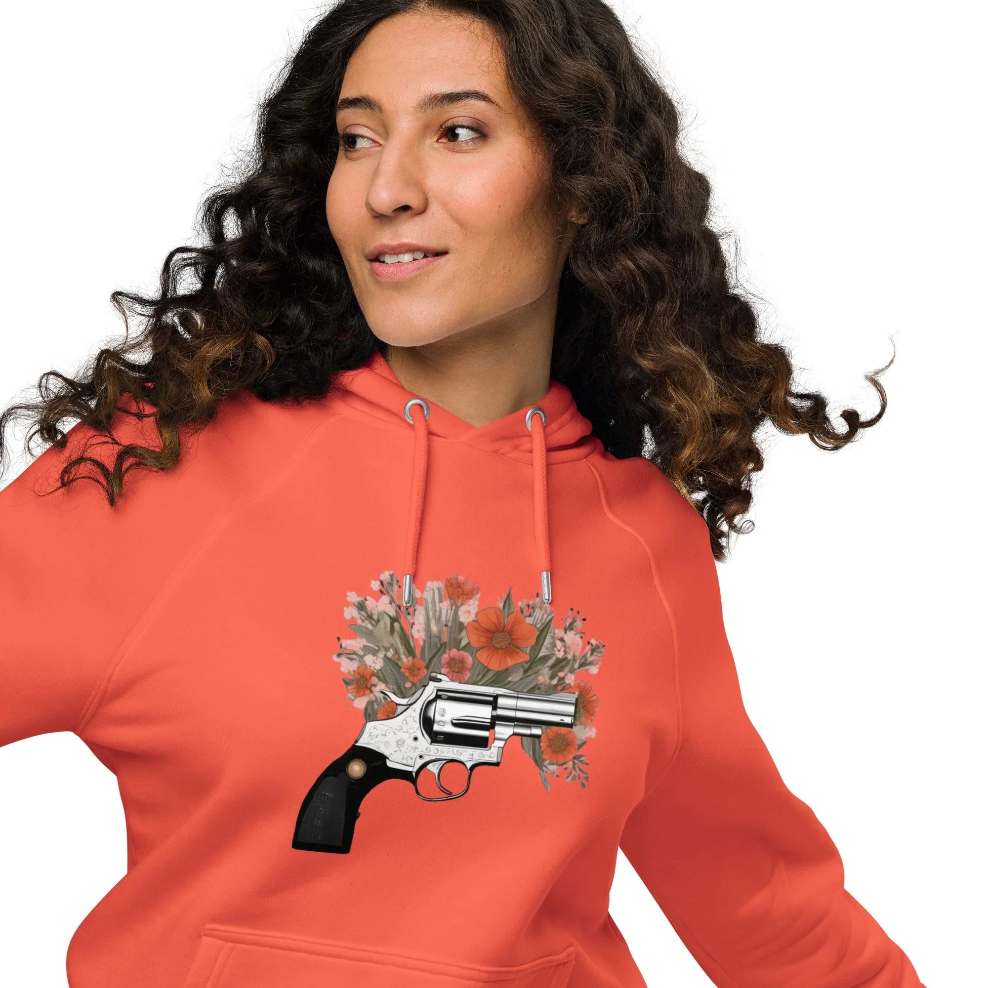 Unisex | Gun Flower Hoodie Hoodie AwRans Clothing unisex-eco-raglan-hoodie-burnt-orange-front-2-65db756295fb7