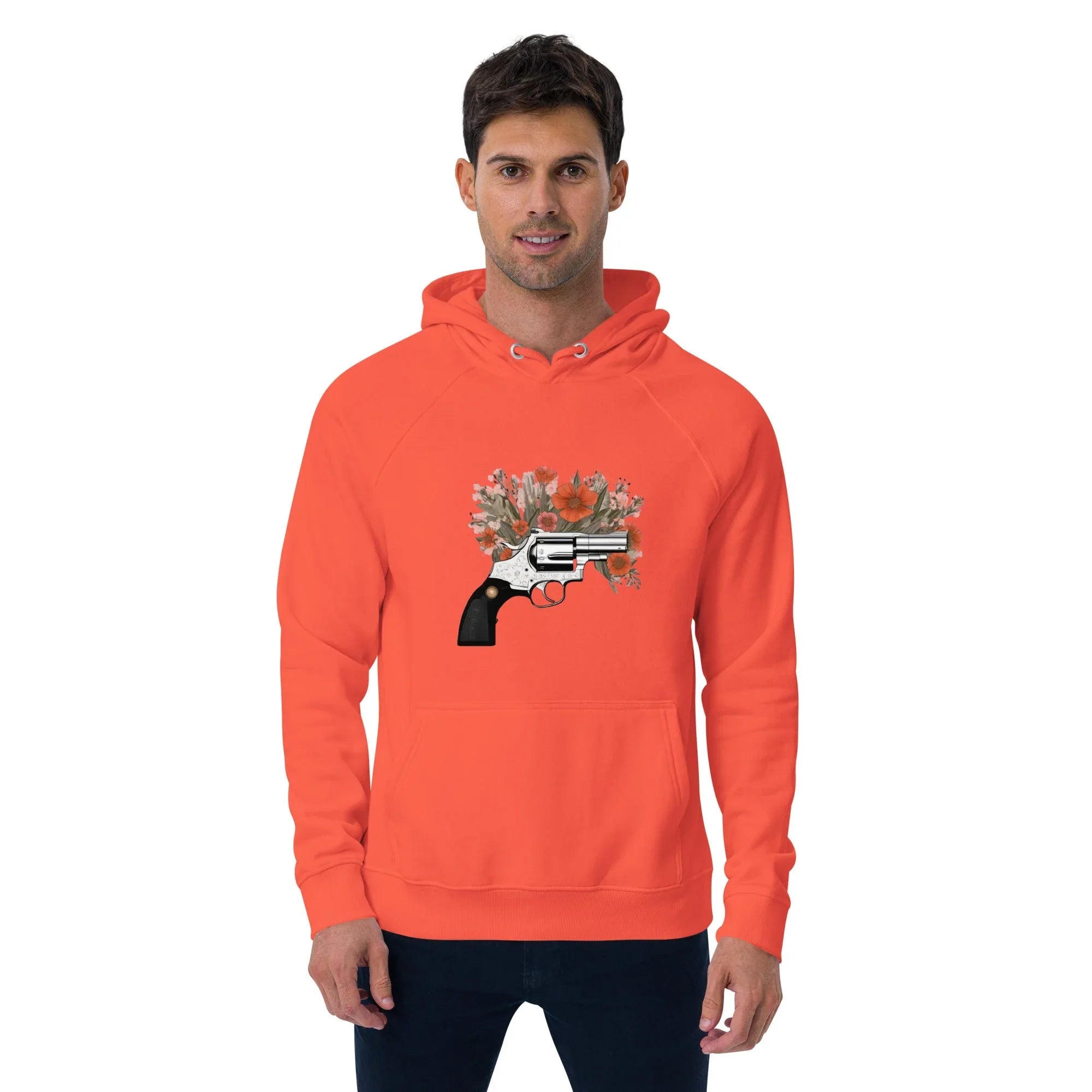 Unisex | Gun Flower Hoodie Burnt Orange Hoodie AwRans Clothing unisex-eco-raglan-hoodie-burnt-orange-front-65db7562a5dbf