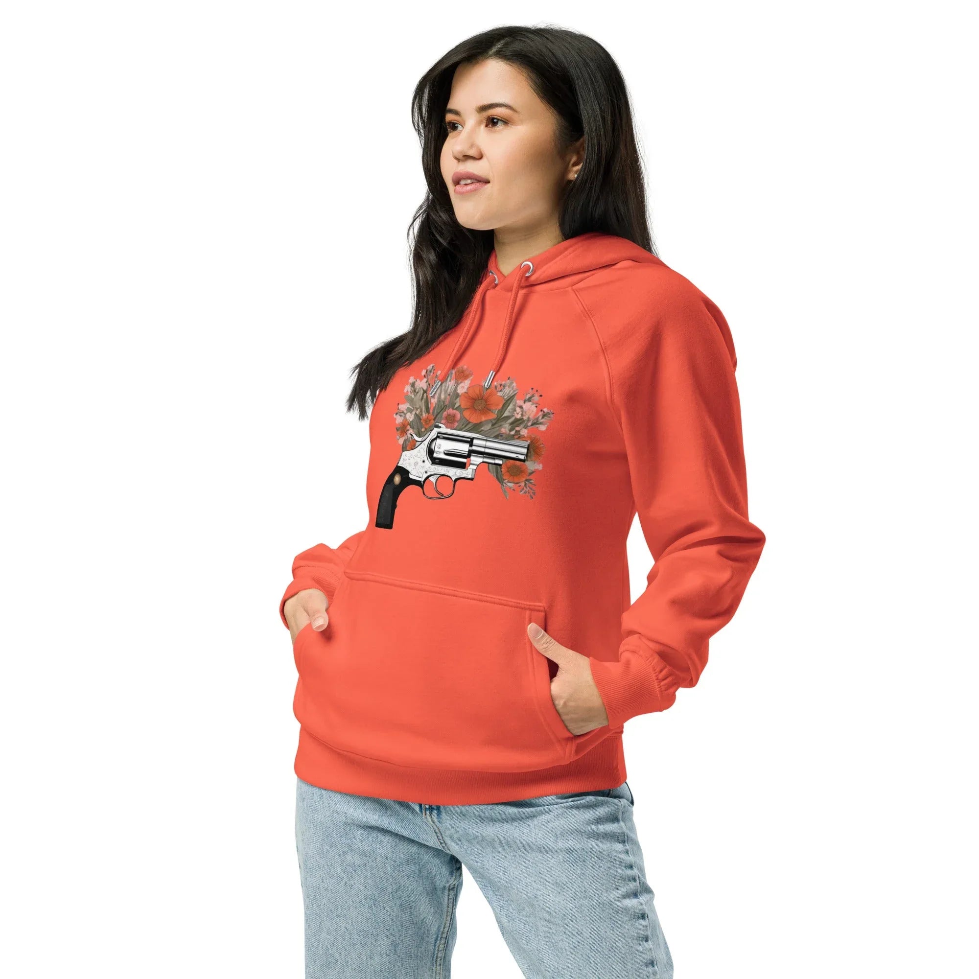 Unisex | Gun Flower Hoodie Hoodie AwRans Clothing unisex-eco-raglan-hoodie-burnt-orange-left-front-65db75629723d