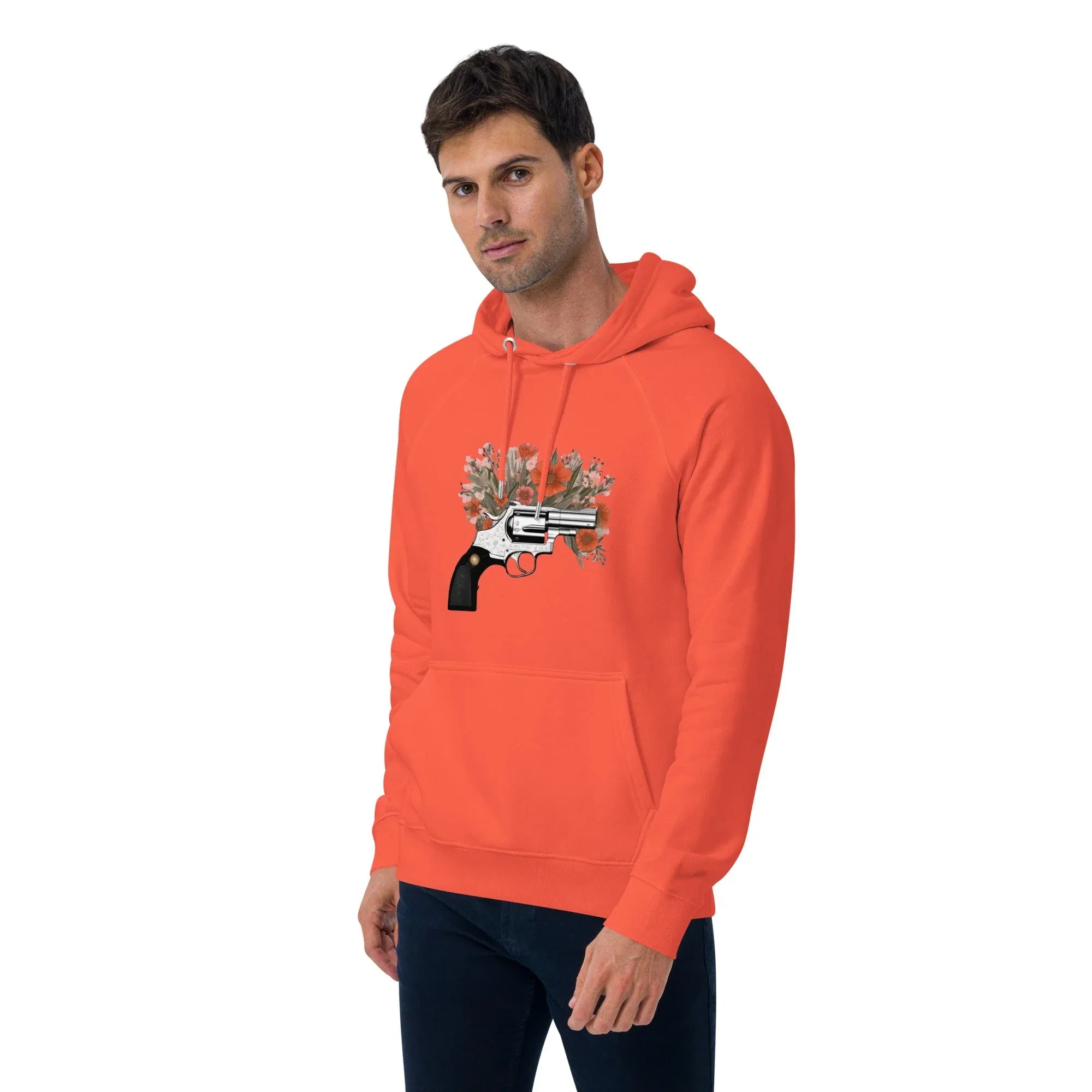 Unisex | Gun Flower Hoodie Hoodie AwRans Clothing unisex-eco-raglan-hoodie-burnt-orange-left-front-65db7562a7164