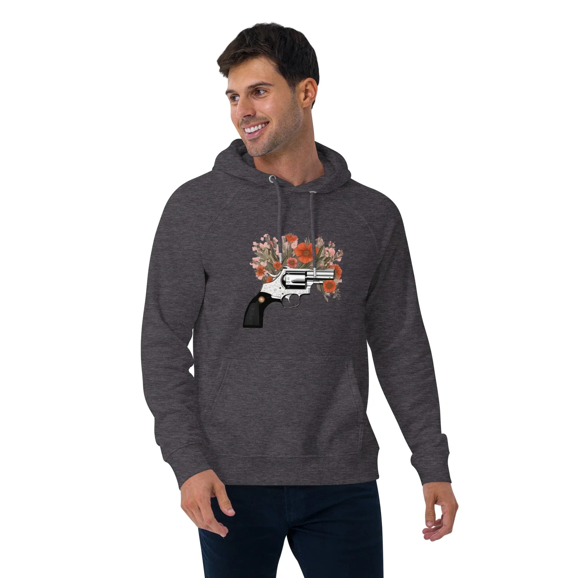 Unisex | Gun Flower Hoodie Hoodie AwRans Clothing unisex-eco-raglan-hoodie-charcoal-melange-front-2-65db7562a2bfc