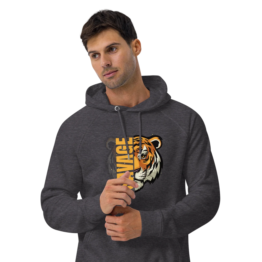 Unisex | Savage Tiger Raglan Hoodie Hoodie AwRans Clothing unisex-eco-raglan-hoodie-charcoal-melange-front-3-65db125031f9f