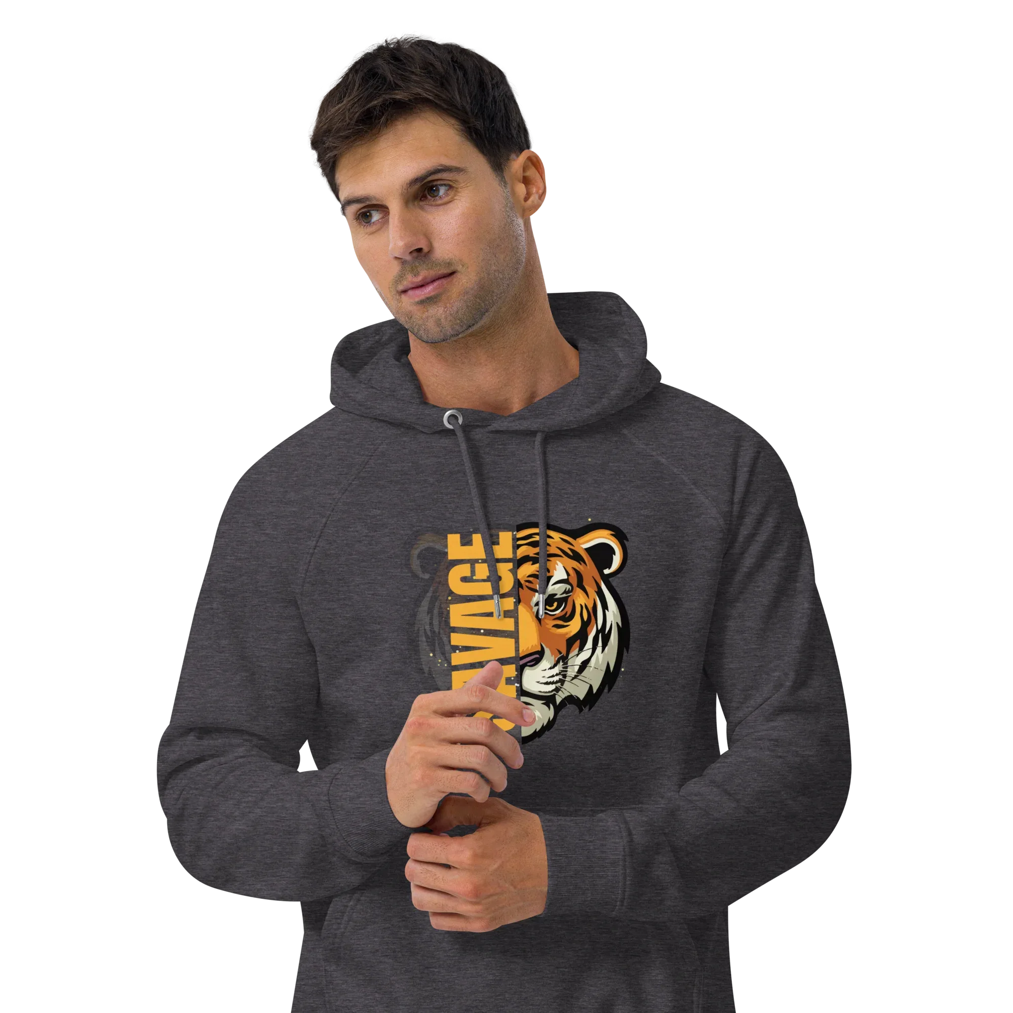 Unisex | Savage Tiger Raglan Hoodie Hoodie AwRans Clothing unisex-eco-raglan-hoodie-charcoal-melange-front-3-65db125031f9f