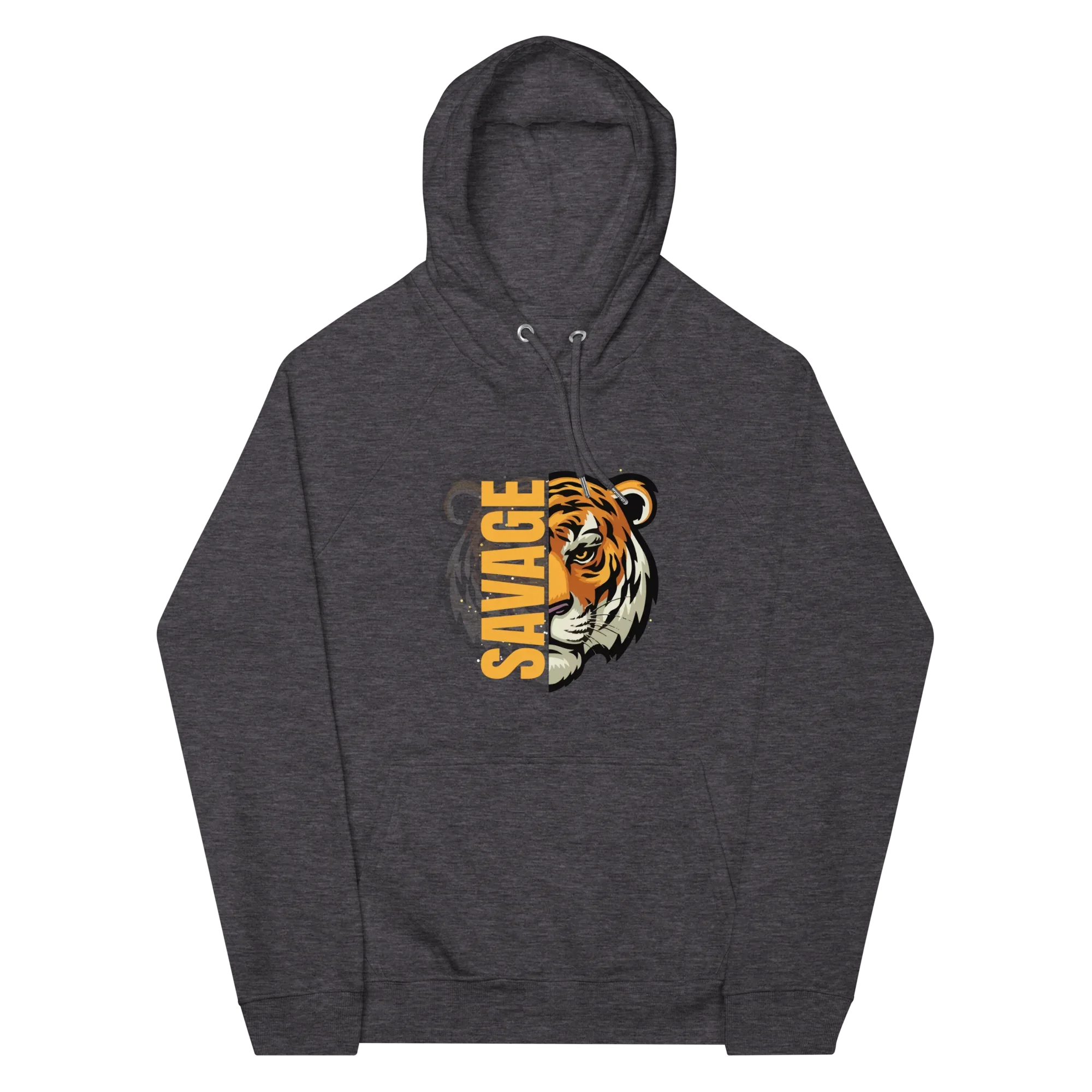 Unisex | Savage Tiger Raglan Hoodie Charcoal Melange Hoodie AwRans Clothing unisex-eco-raglan-hoodie-charcoal-melange-front-65db125035d5c