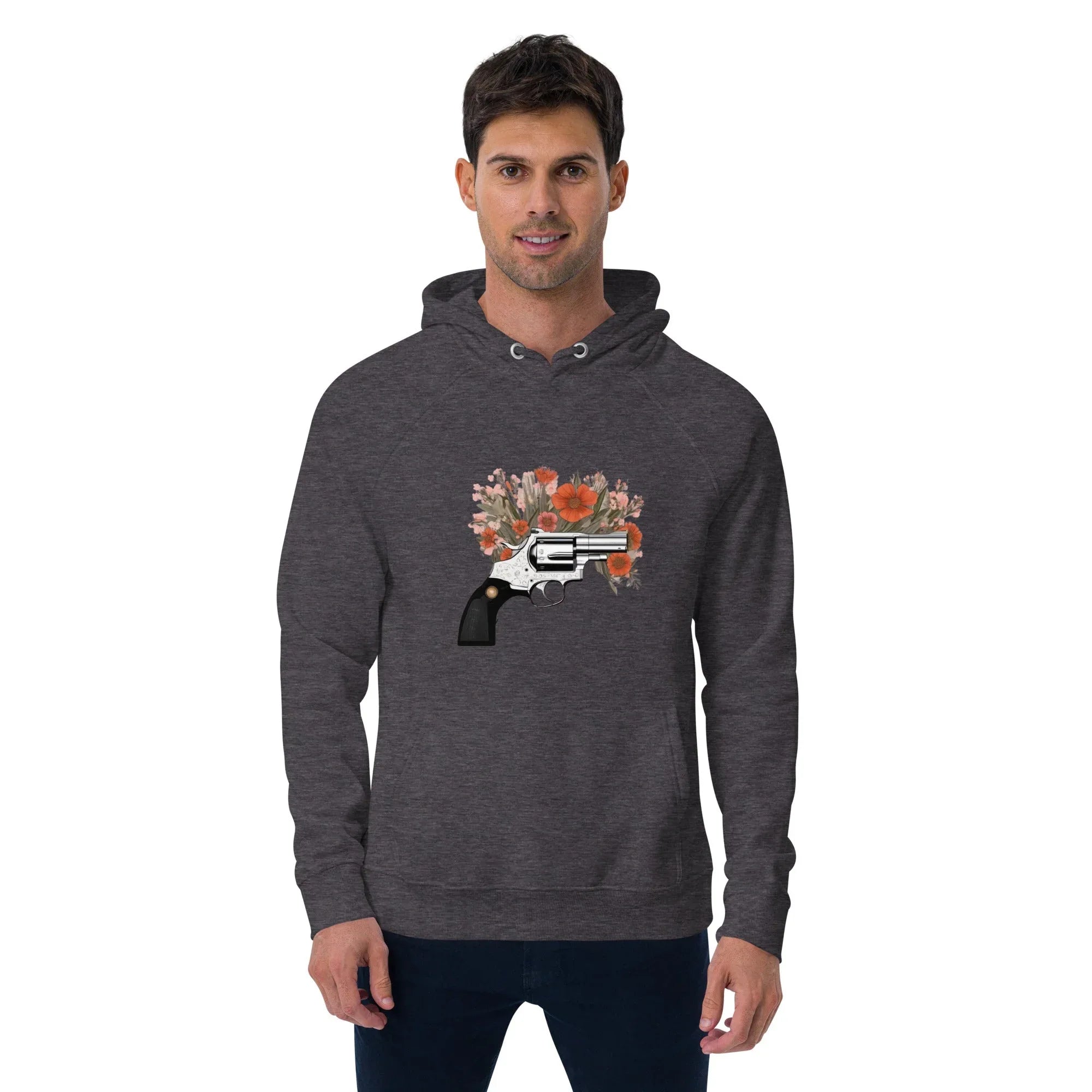 Unisex | Gun Flower Hoodie Charcoal Melange Hoodie AwRans Clothing unisex-eco-raglan-hoodie-charcoal-melange-front-65db7562a2675