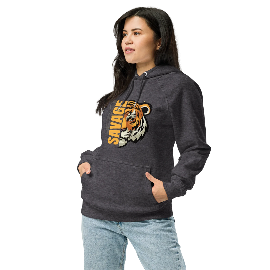 Unisex | Savage Tiger Raglan Hoodie Hoodie AwRans Clothing unisex-eco-raglan-hoodie-charcoal-melange-left-front-65db12503194e