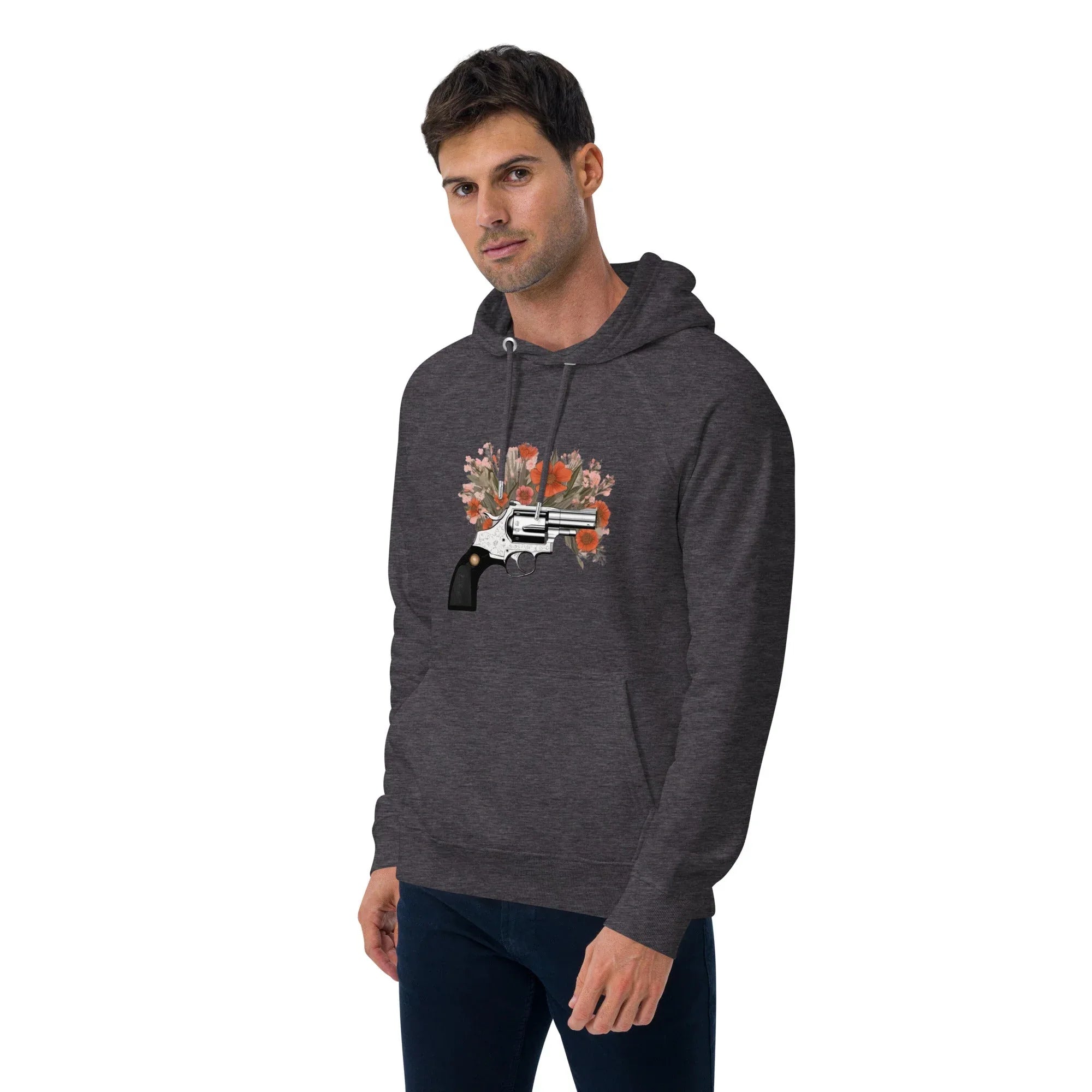 Unisex | Gun Flower Hoodie Hoodie AwRans Clothing unisex-eco-raglan-hoodie-charcoal-melange-left-front-65db7562a31c0
