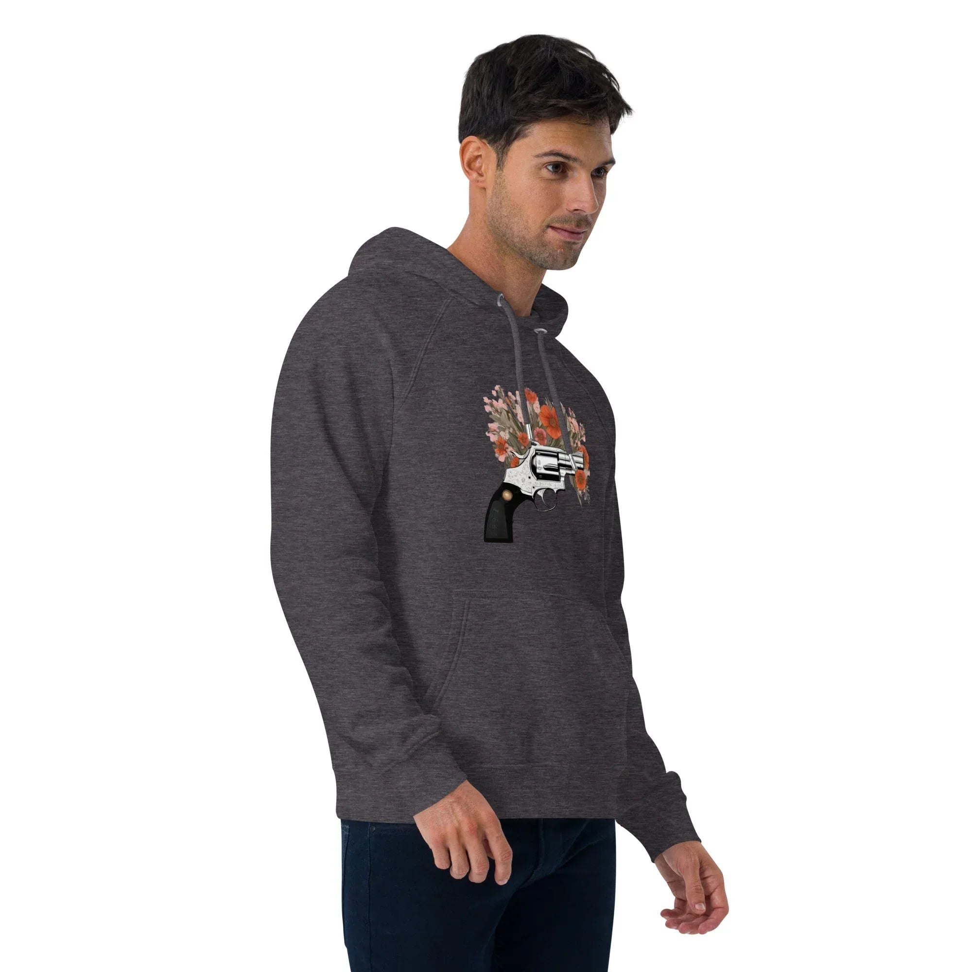 Unisex | Gun Flower Hoodie Hoodie AwRans Clothing unisex-eco-raglan-hoodie-charcoal-melange-right-front-65db7562a37d3