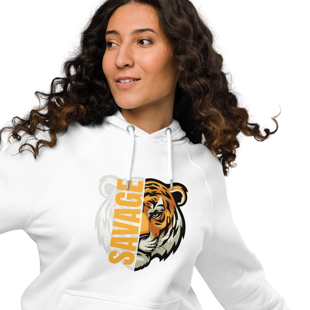 Unisex | Savage Tiger Raglan Hoodie Hoodie AwRans Clothing unisex-eco-raglan-hoodie-white-front-2-65db125033341
