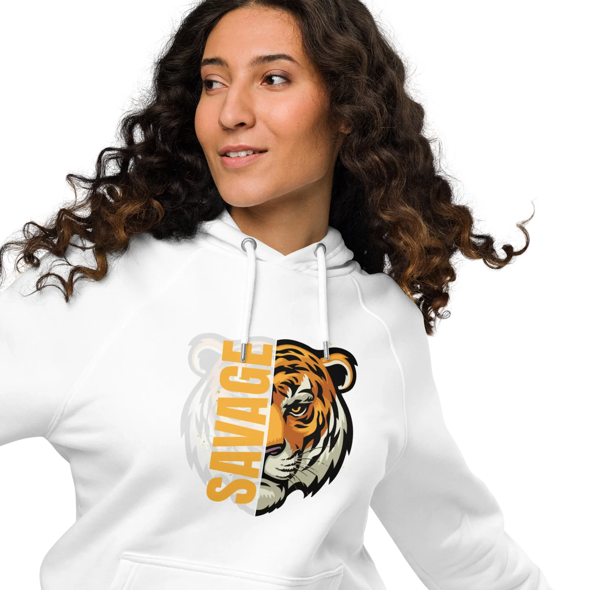 Unisex | Savage Tiger Raglan Hoodie Hoodie AwRans Clothing unisex-eco-raglan-hoodie-white-front-2-65db125033341