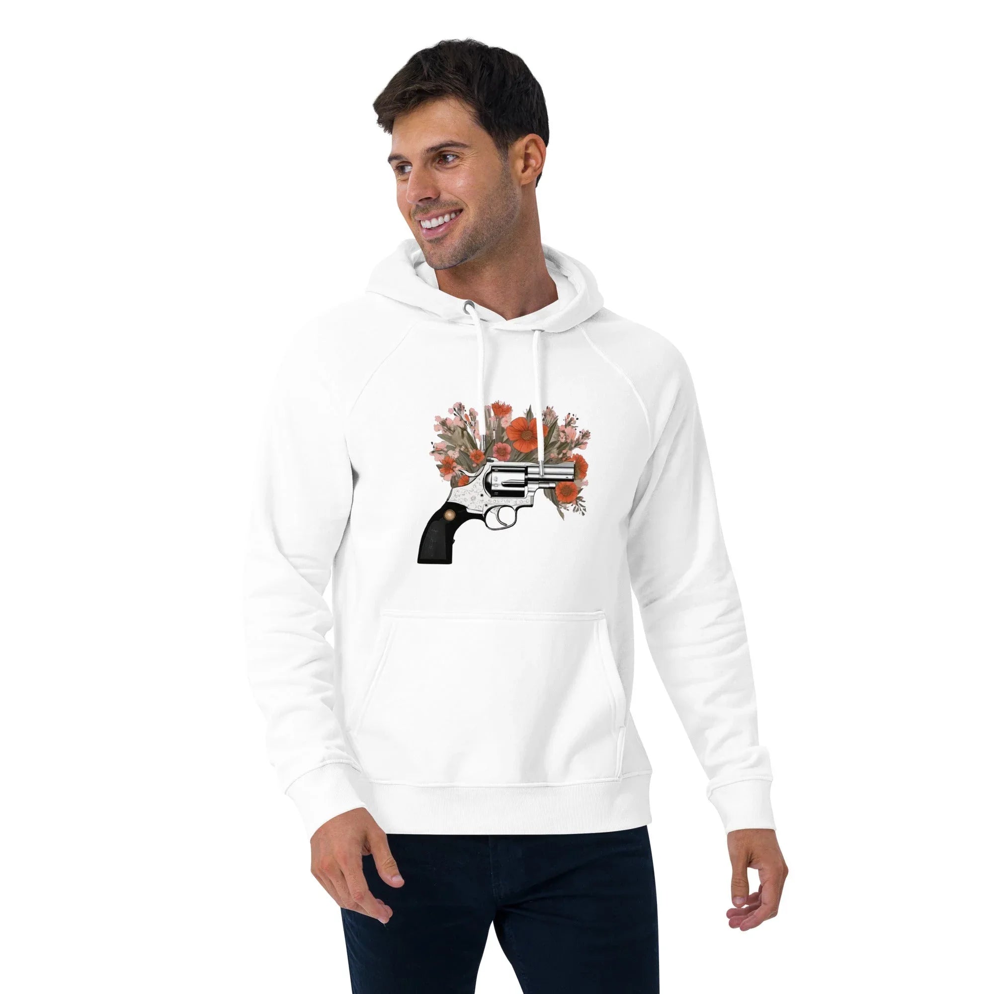 Unisex | Gun Flower Hoodie Hoodie AwRans Clothing unisex-eco-raglan-hoodie-white-front-2-65db7562a9dd5