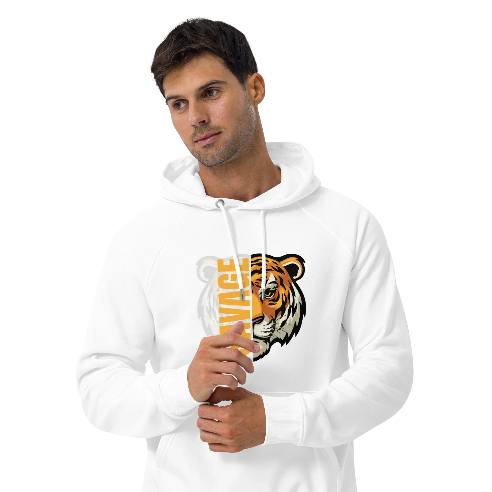 Unisex | Savage Tiger Raglan Hoodie Hoodie AwRans Clothing unisex-eco-raglan-hoodie-white-front-3-65db125033989