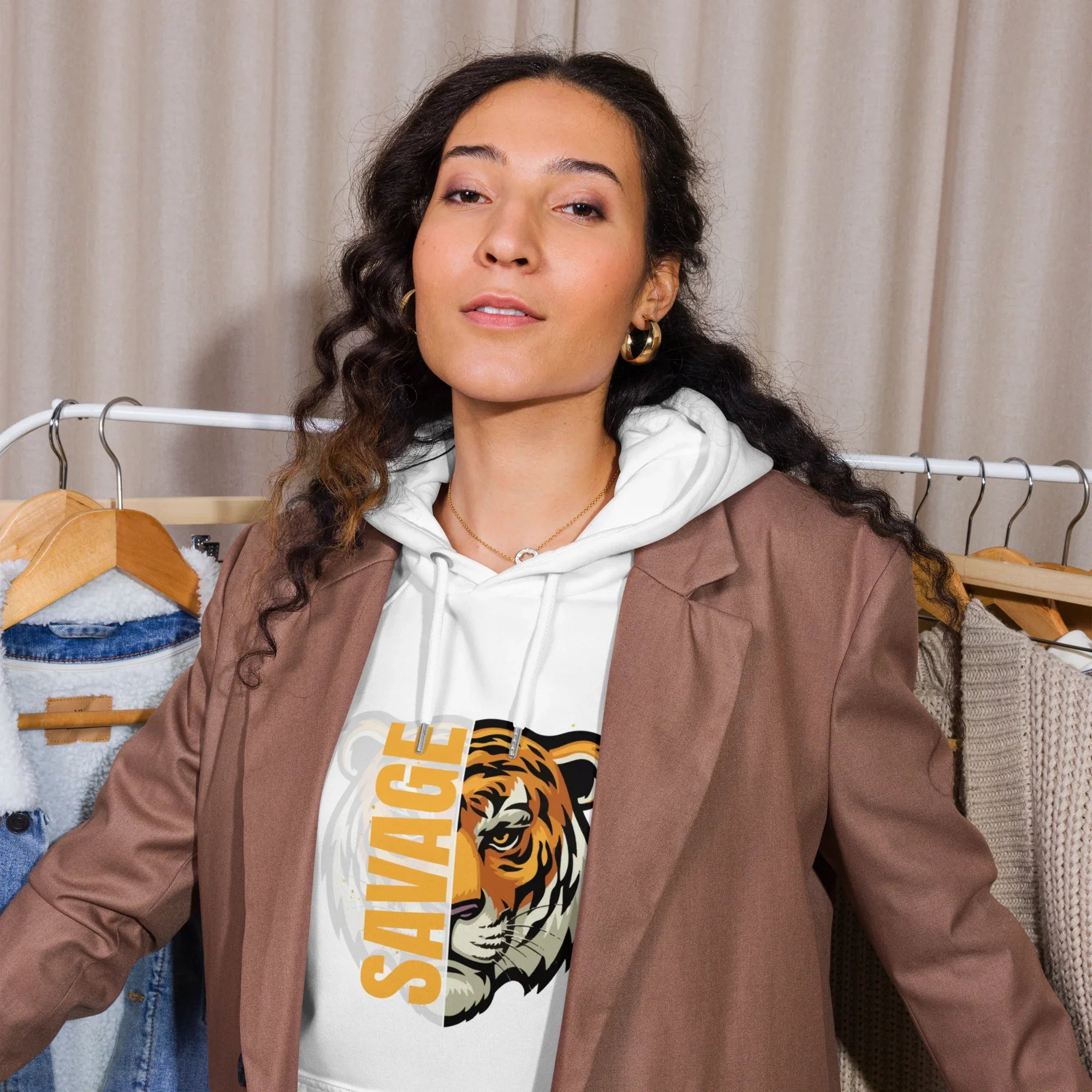 Unisex | Savage Tiger Raglan Hoodie Hoodie AwRans Clothing unisex-eco-raglan-hoodie-white-front-65db125034fe9