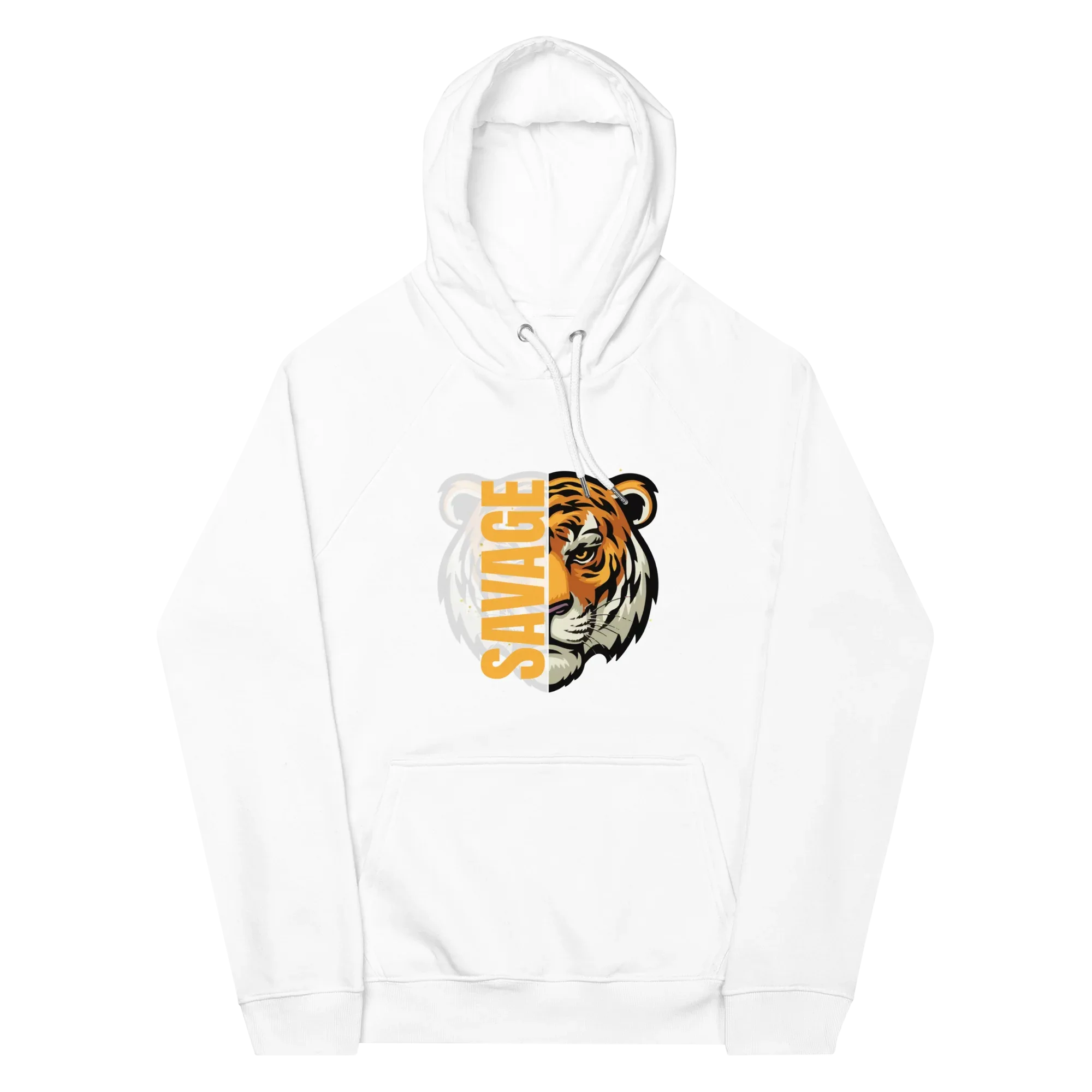 Unisex | Savage Tiger Raglan Hoodie White Hoodie AwRans Clothing unisex-eco-raglan-hoodie-white-front-65db125036b53