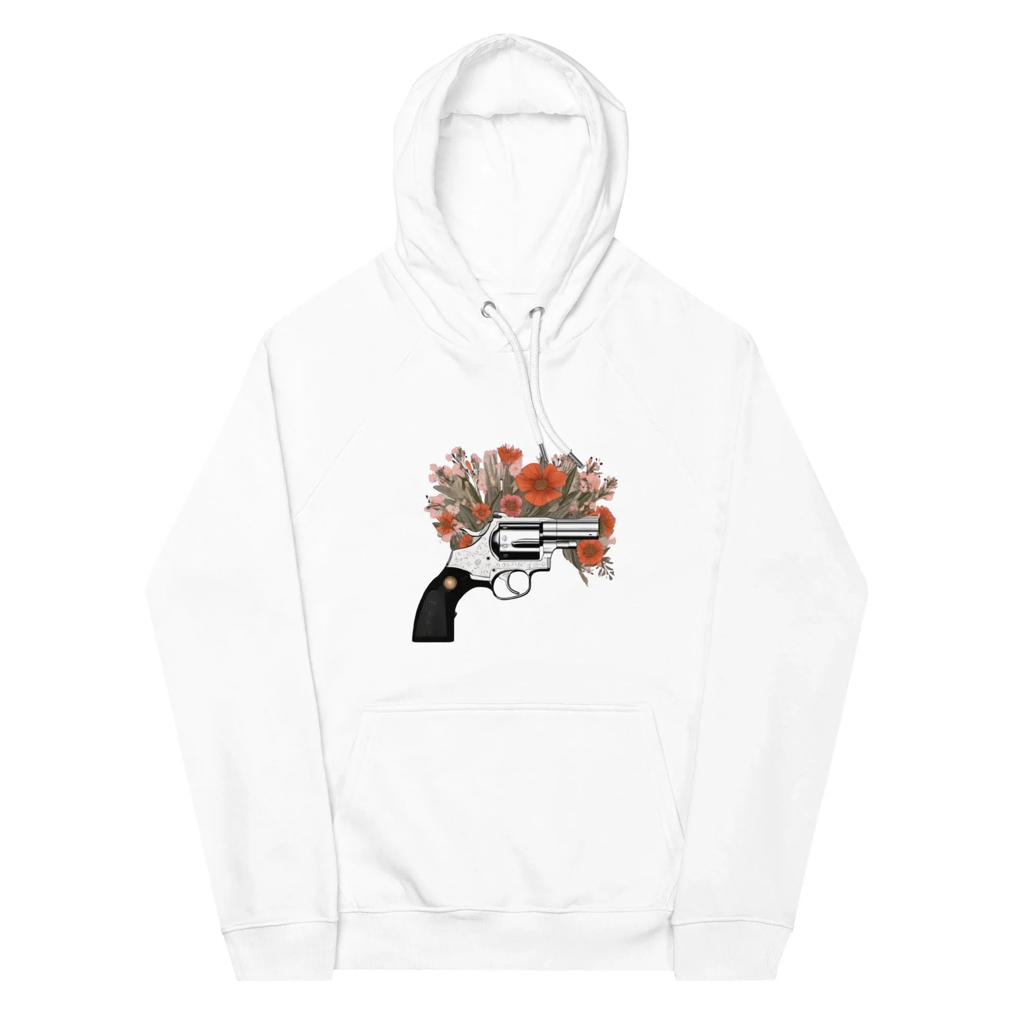 Unisex | Gun Flower Hoodie Hoodie AwRans Clothing unisex-eco-raglan-hoodie-white-front-65db75628f48d