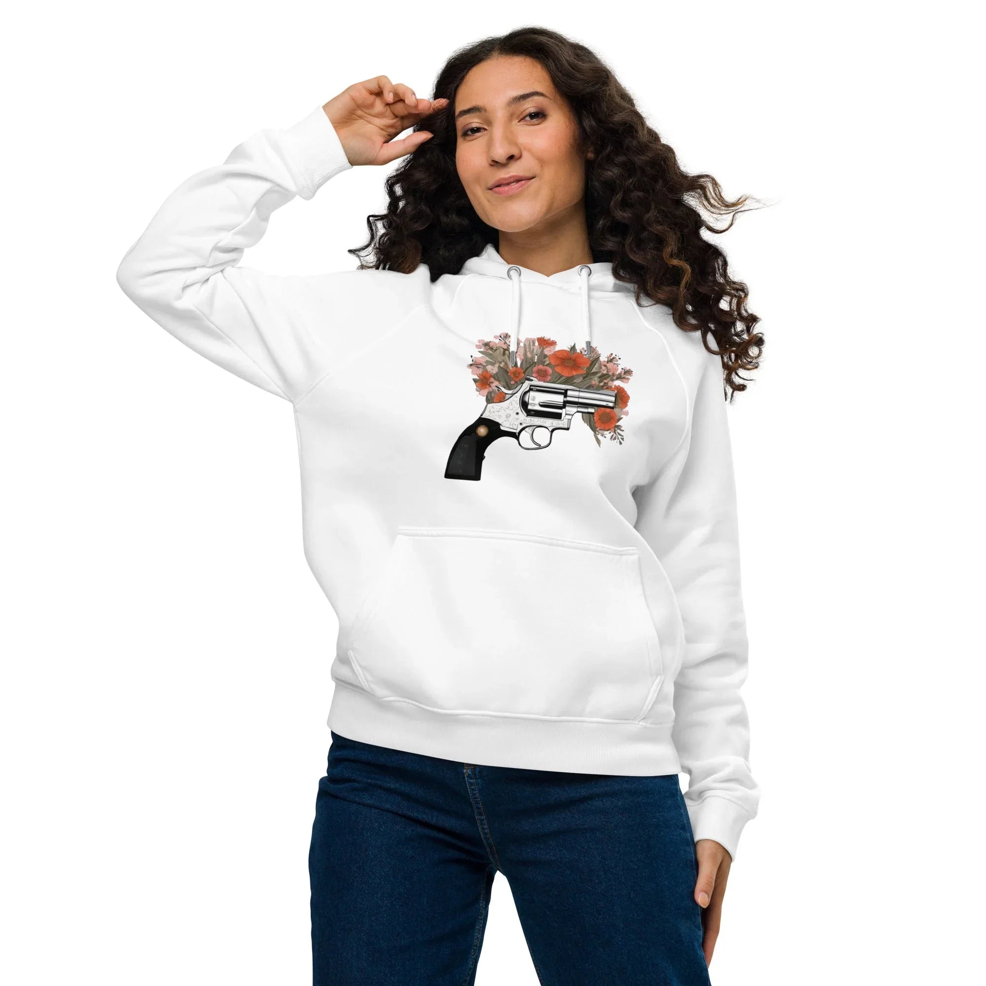 Unisex | Gun Flower Hoodie Hoodie AwRans Clothing unisex-eco-raglan-hoodie-white-front-65db7562995eb